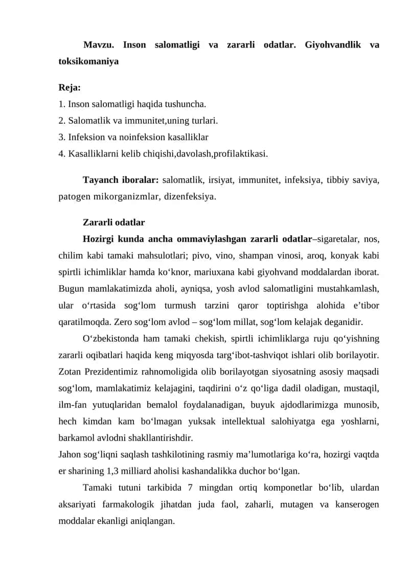 Inson salomatligi va zararli odatlar