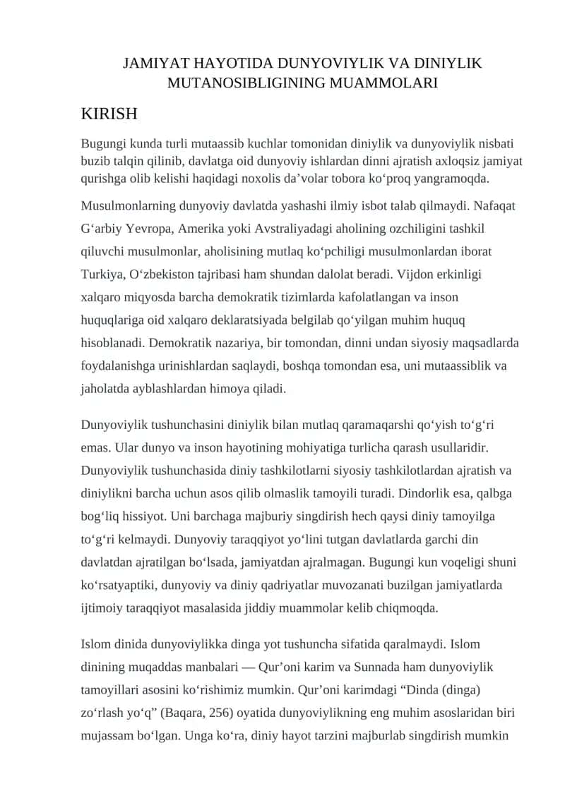 DINIYLIK VA DUNYOVIYLIK