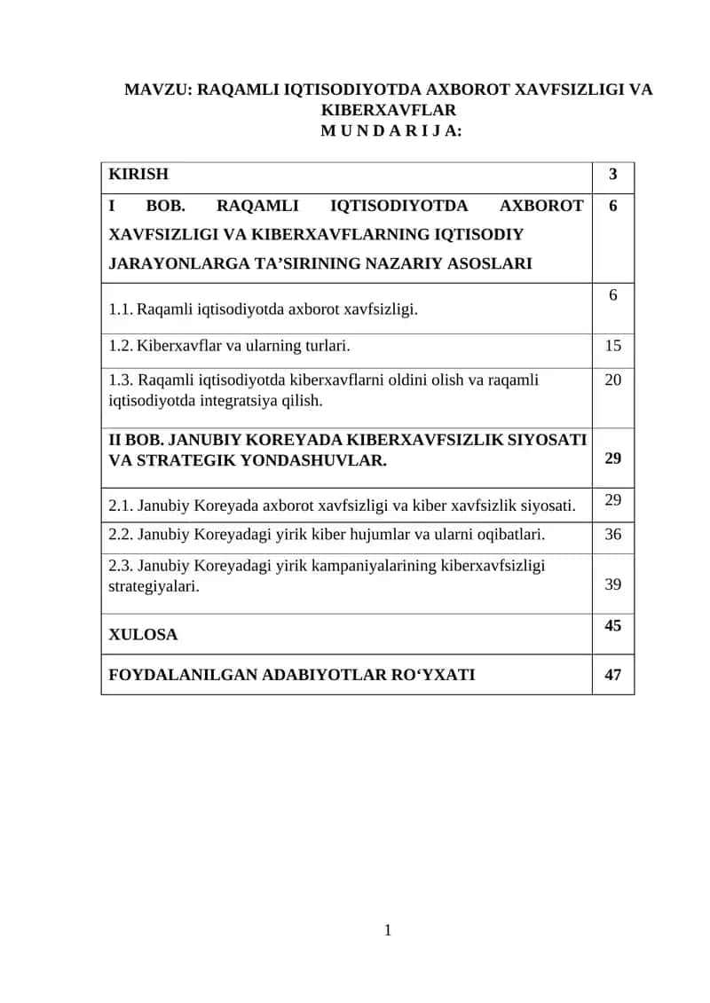 Raqamli iqtisodiyotda axborot xavfsizligi va kiberxavflar