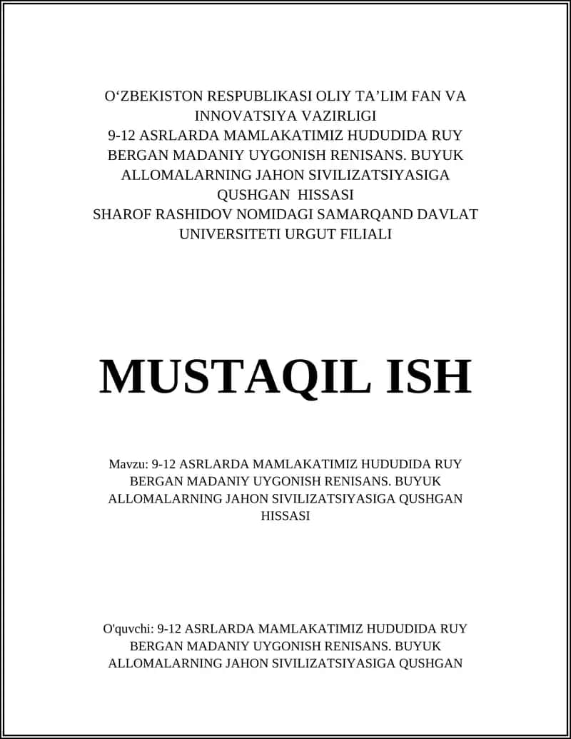 9-12 ASRLARDA MAMLAKATIMIZ HUDUDIDA RUY BERGAN MADANIY UYGONISH RENISANS