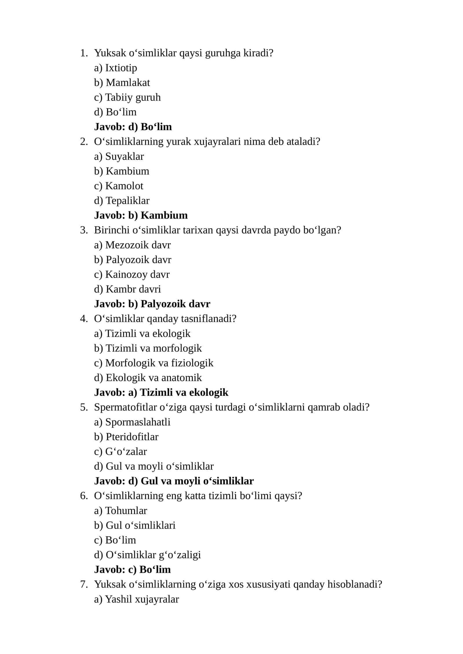 Yuksak O'simliklar mavzusida 50 ta test