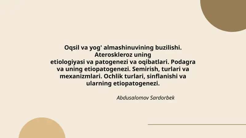 Oqsil va yog' almashinuvining buzilishi. Ateroskleroz uning etiologiyasi va patogenezi va oqibatlari