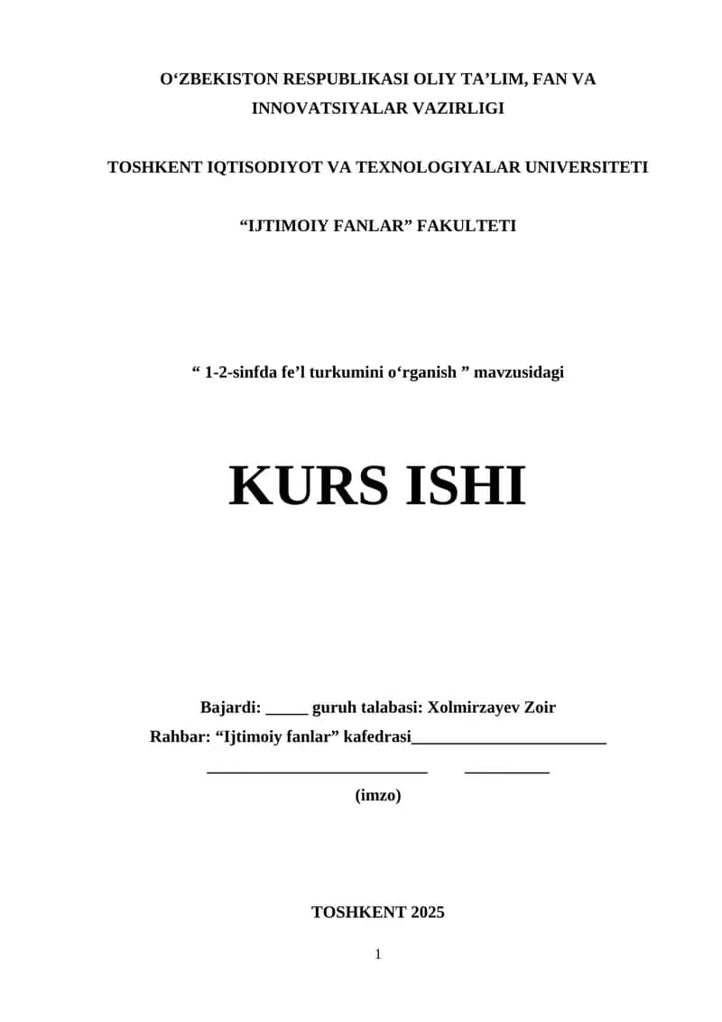 1-2-sinfda fe’l turkumini o‘rganish. KURS ISHI