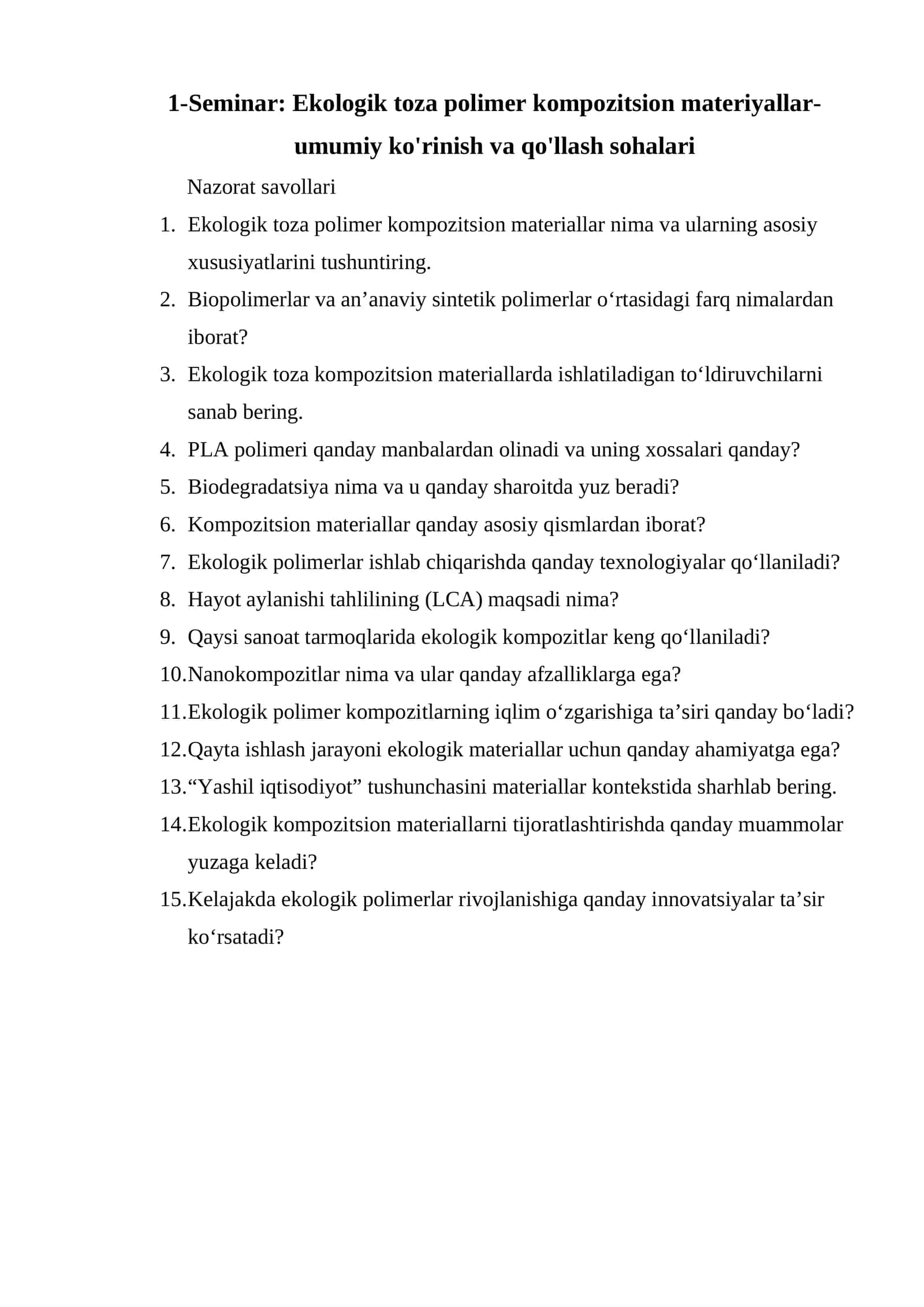 Seminar: Ekologik toza polimer kompozitsion materiyallar-umumiy ko'rinish va qo'llash sohalari