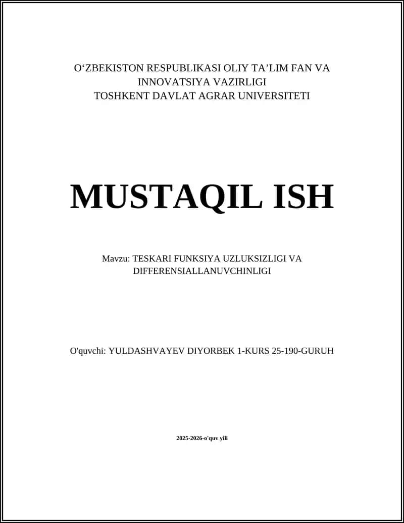 TESKARI FUNKSIYA UZLUKSIZLIGI VA DIFFERENSIALLANUVCHINLIGI