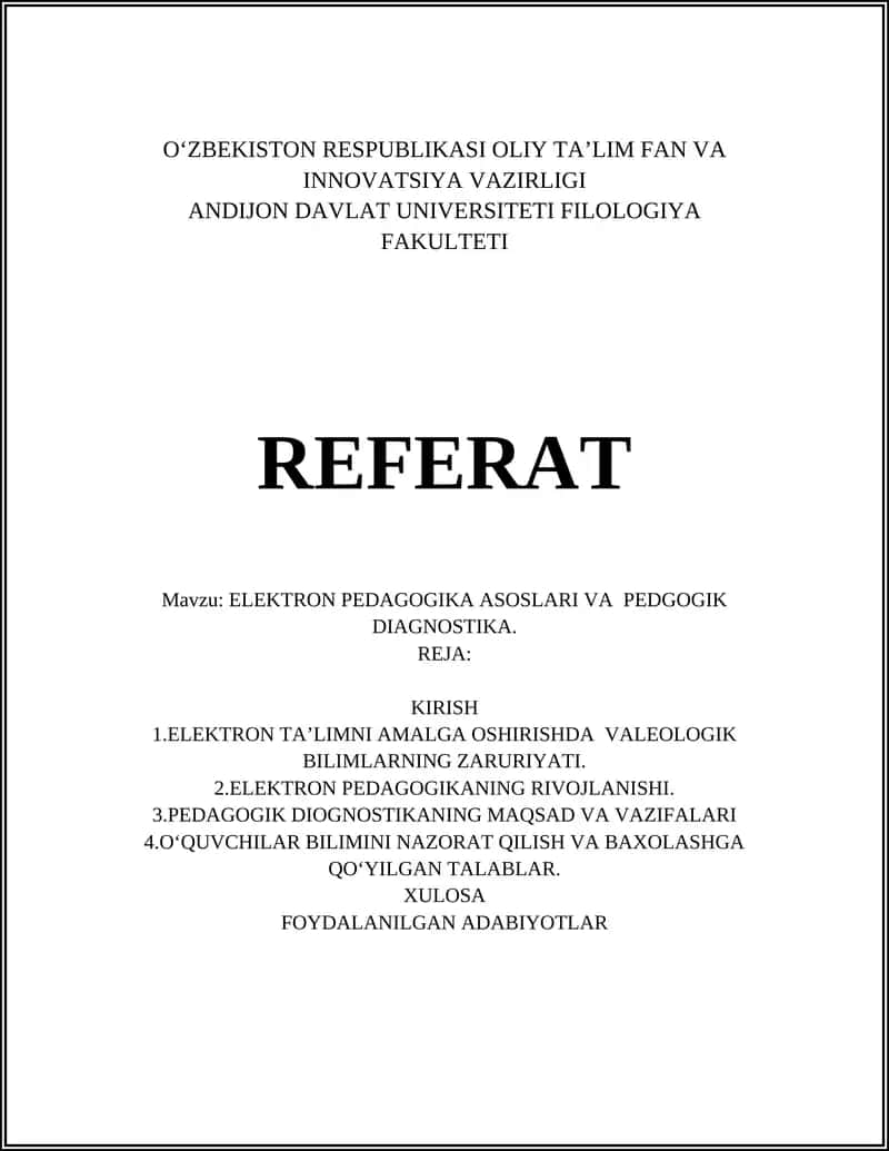 ELEKTRON PEDAGOGIKA ASOSLARI VA PEDGOGIK DIAGNOSTIKA REFERAT