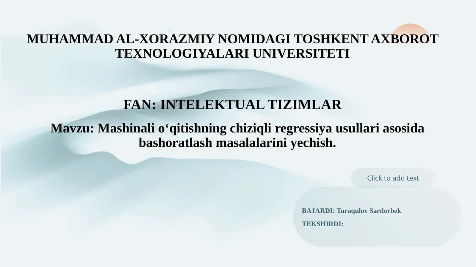 Mashinali o‘qitishning chiziqli regressiya usullari asosida bashoratlash masalalarini yechish.