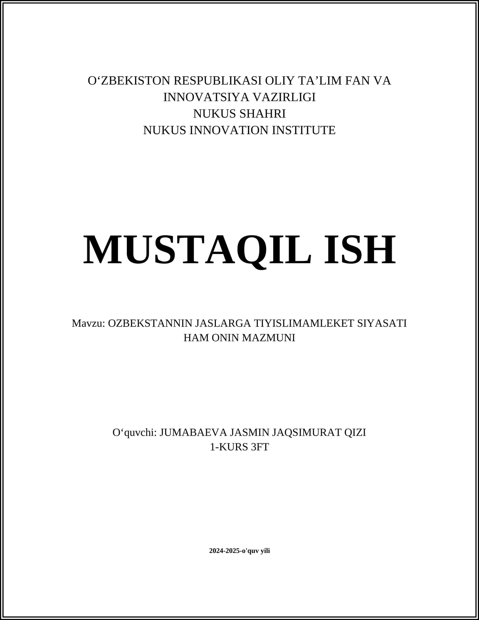 O‘ZBEKISTON RESPUBLIKASI OLIY TA’LIM FAN VA INNOVATSIYA VAZIRLIGI