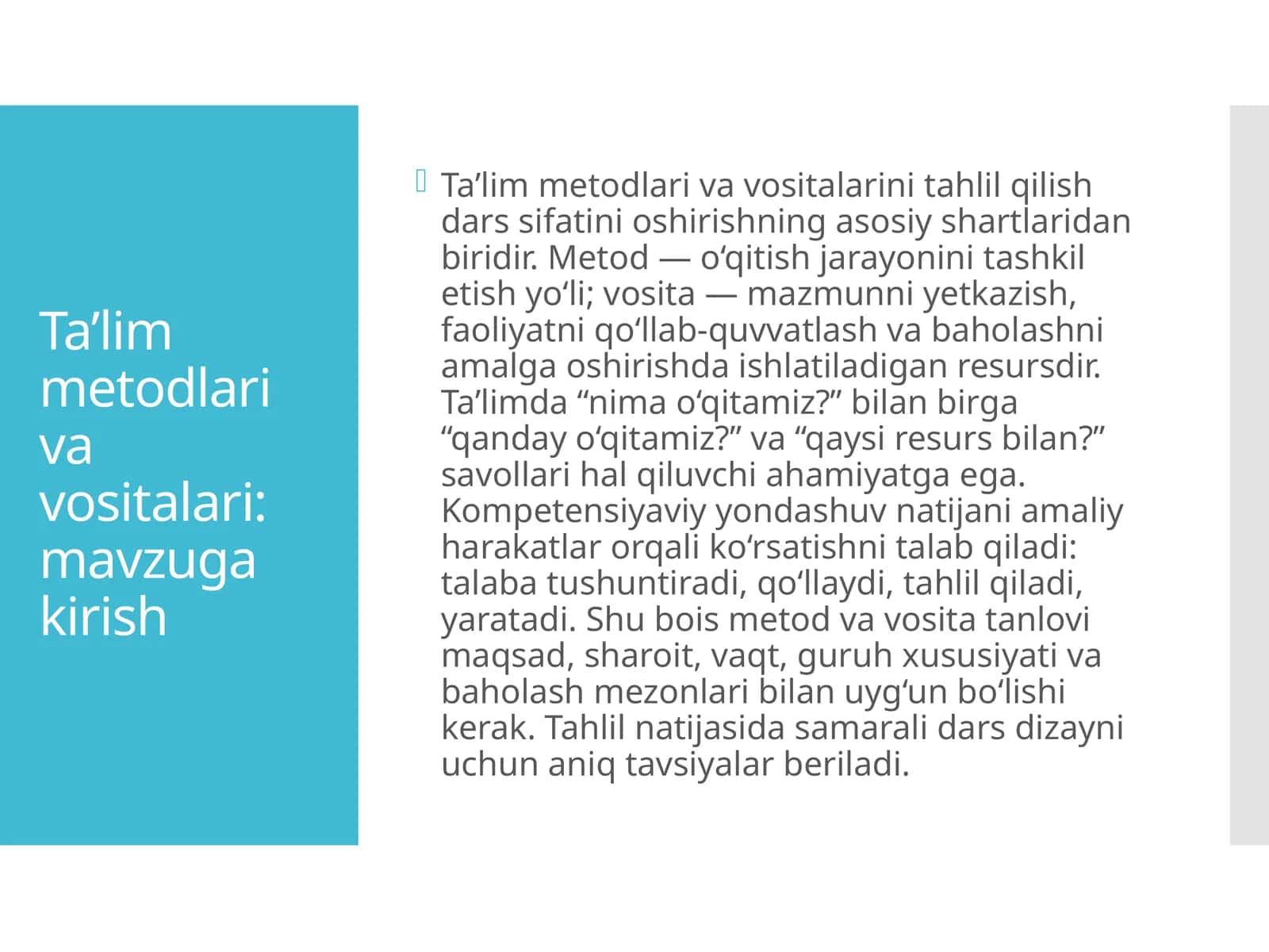 Ta’lim metodlari va vositalari: mavzu kirish