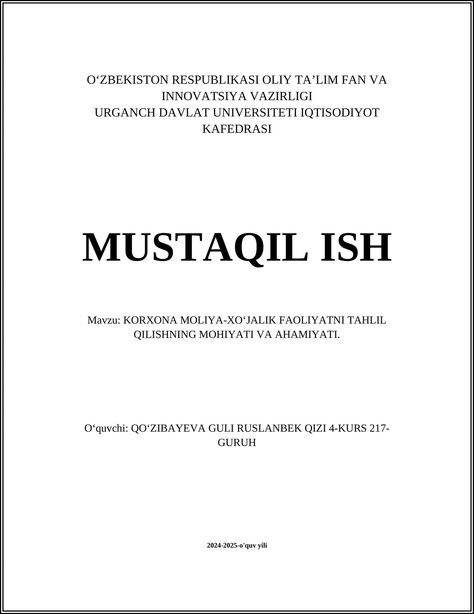 KORXONA MOLIYA-XOʻJALIK FAOLIYATNI TAHLIL QILISHNING MOHIYATI VA AHAMIYATI