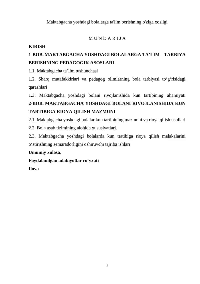 Maktabgacha yoshdagi bolalarga ta'lim berishning o'ziga xosligi
