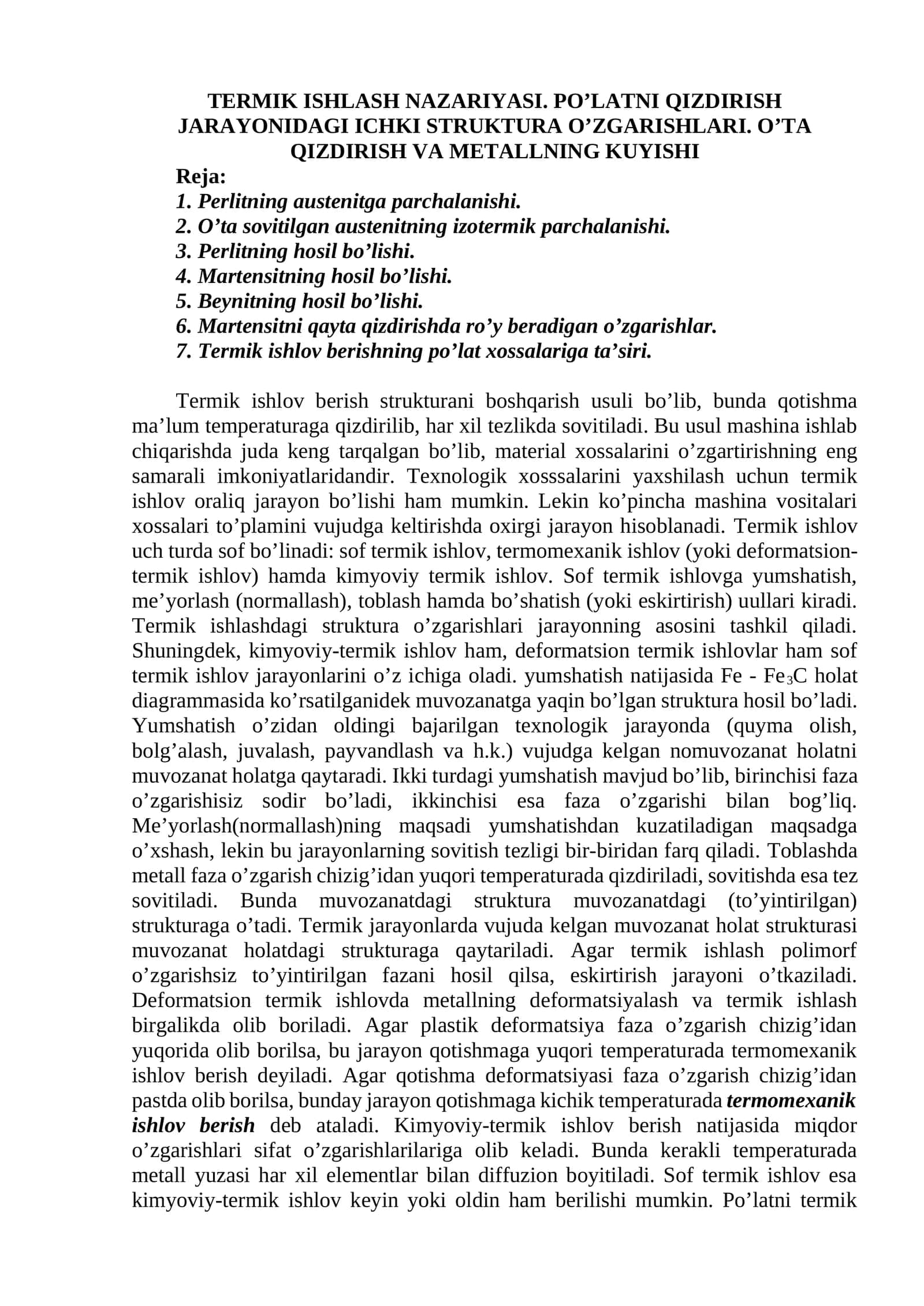 Тermik ishlov berishning po’lat xossalariga ta’siri