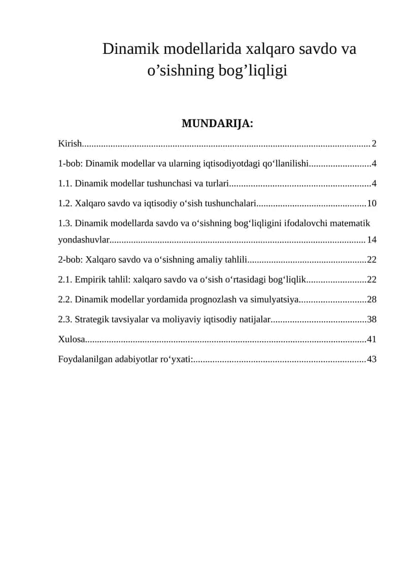 Dinamik modellarida xalqaro savdo va o’sishning bog’liqligi
