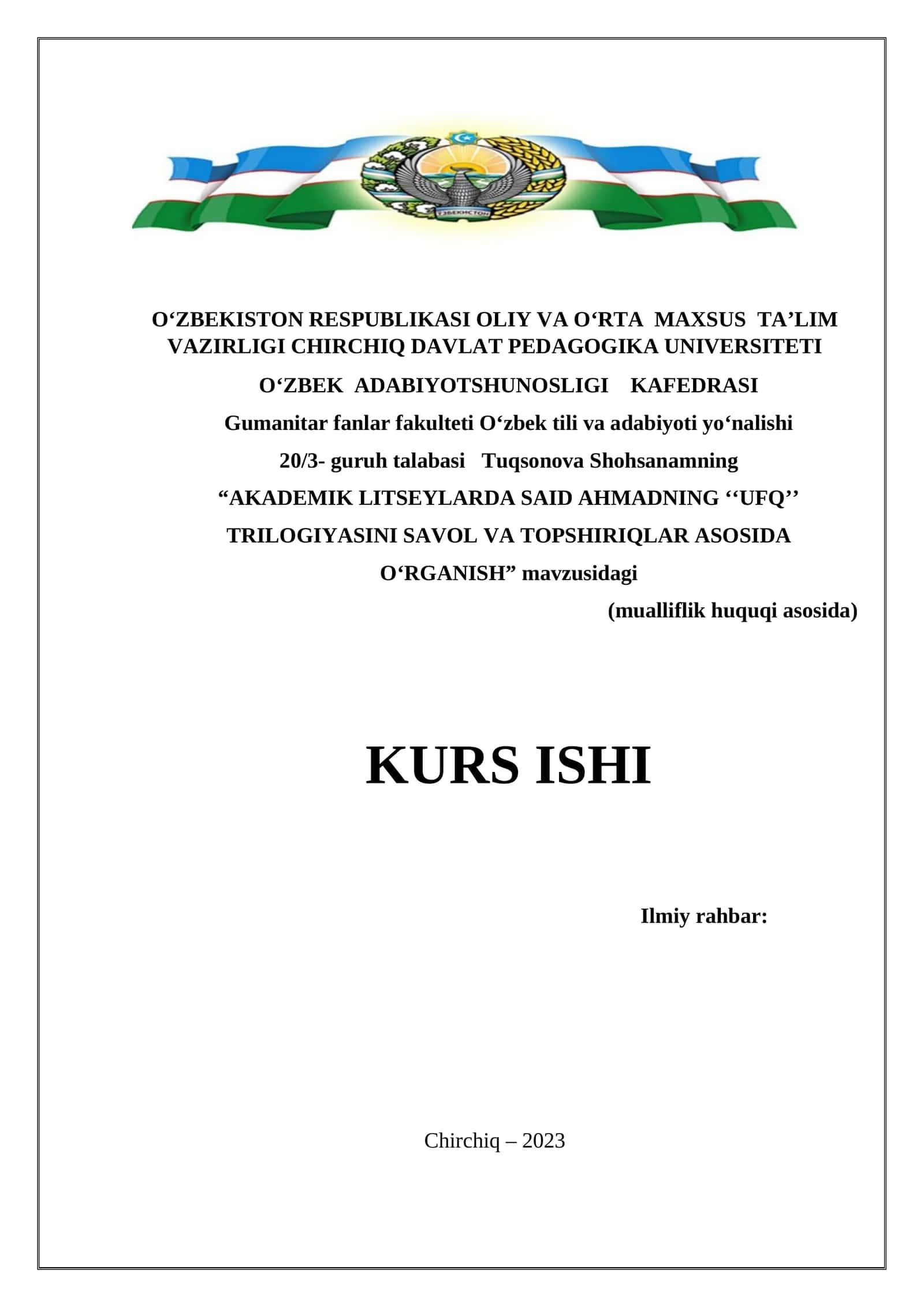 AKADEMIK LITSEYLARDA SAID AHMADNING ‘‘UFQ’’ TRILOGIYASINI SAVOL VA TOPSHIRIQLAR ASOSIDA O‘RGANISH