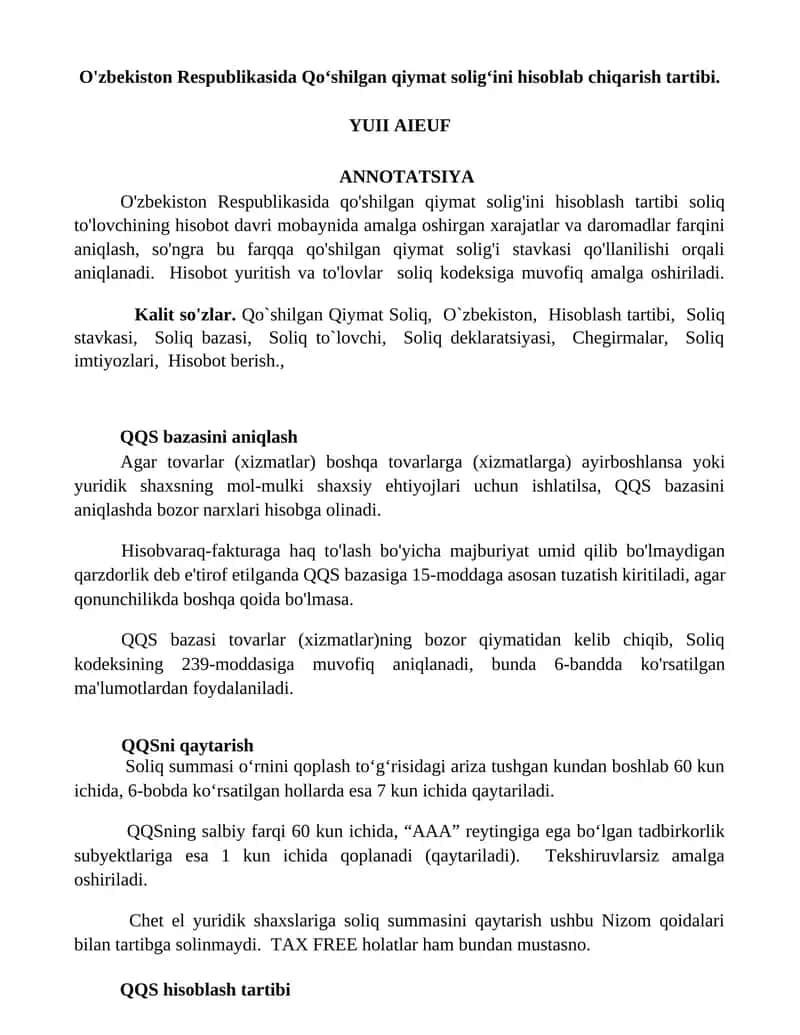 O'zbekiston Respublikasida Qoʻshilgan qiymat soligʻini hisoblab chiqarish tartibi