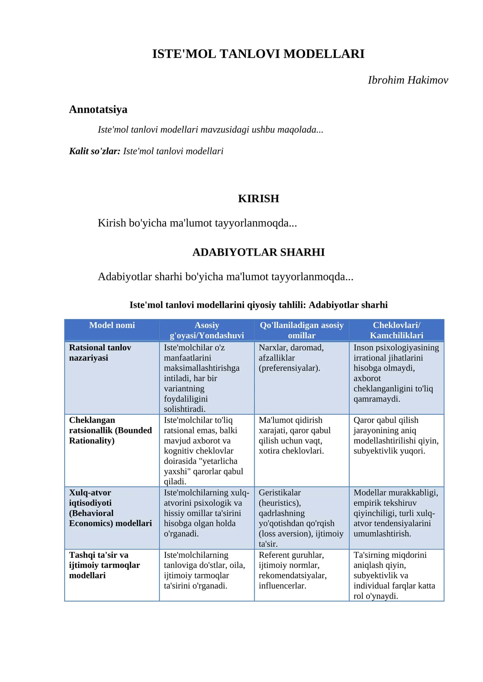 ISTE'MOL TANLOVI MODELLARI