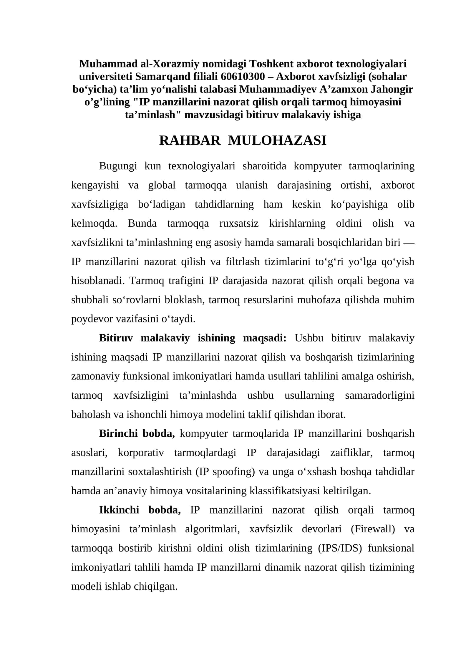 IP manzillarini nazorat qilish orqali tarmoq himoyasini ta’minlash