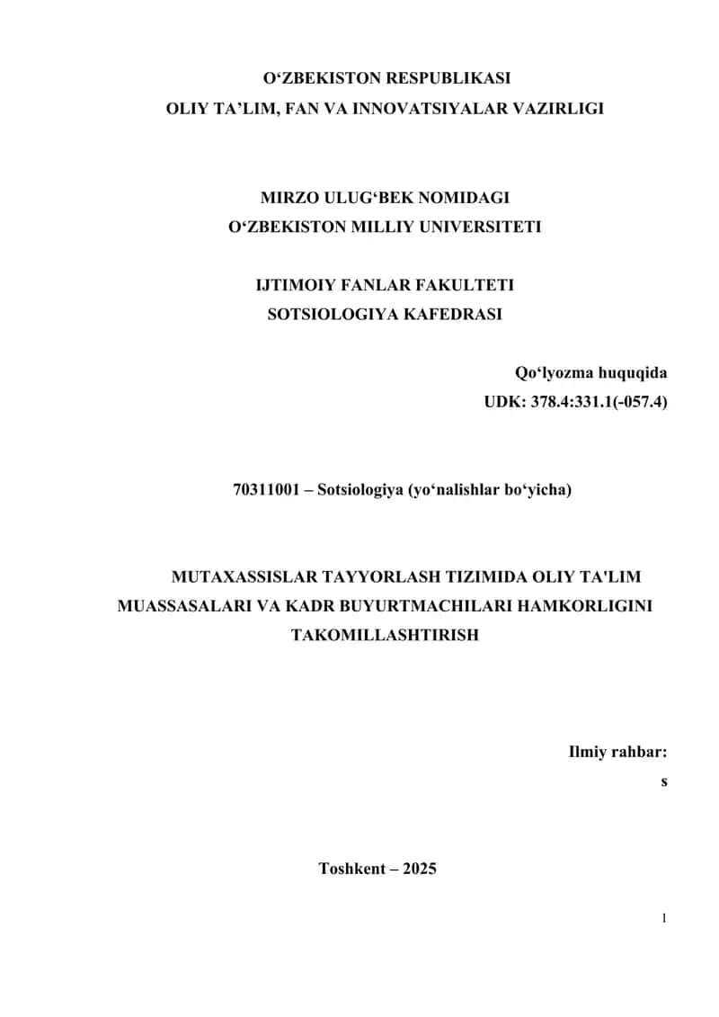 MUTAXASSISLAR TAYYORLASH TIZIMIDA OLIY TA'LIM MUASSASALARI VA KADR BUYURTMACHILARI HAMKORLIGINI TAKOMILLASHTIRISH