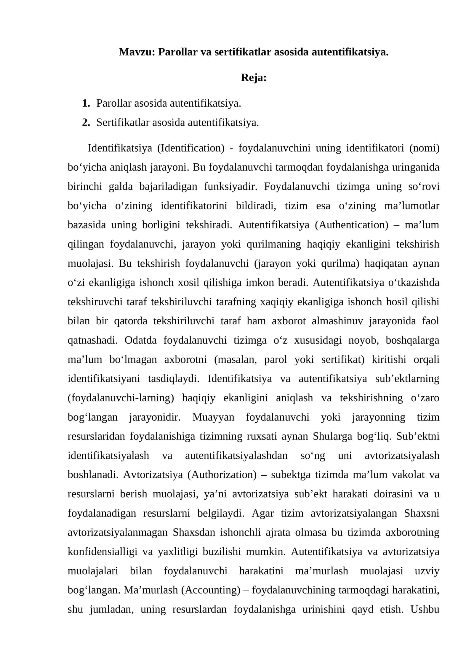 Parollar va sertifikatlar asosida autentifikatsiya