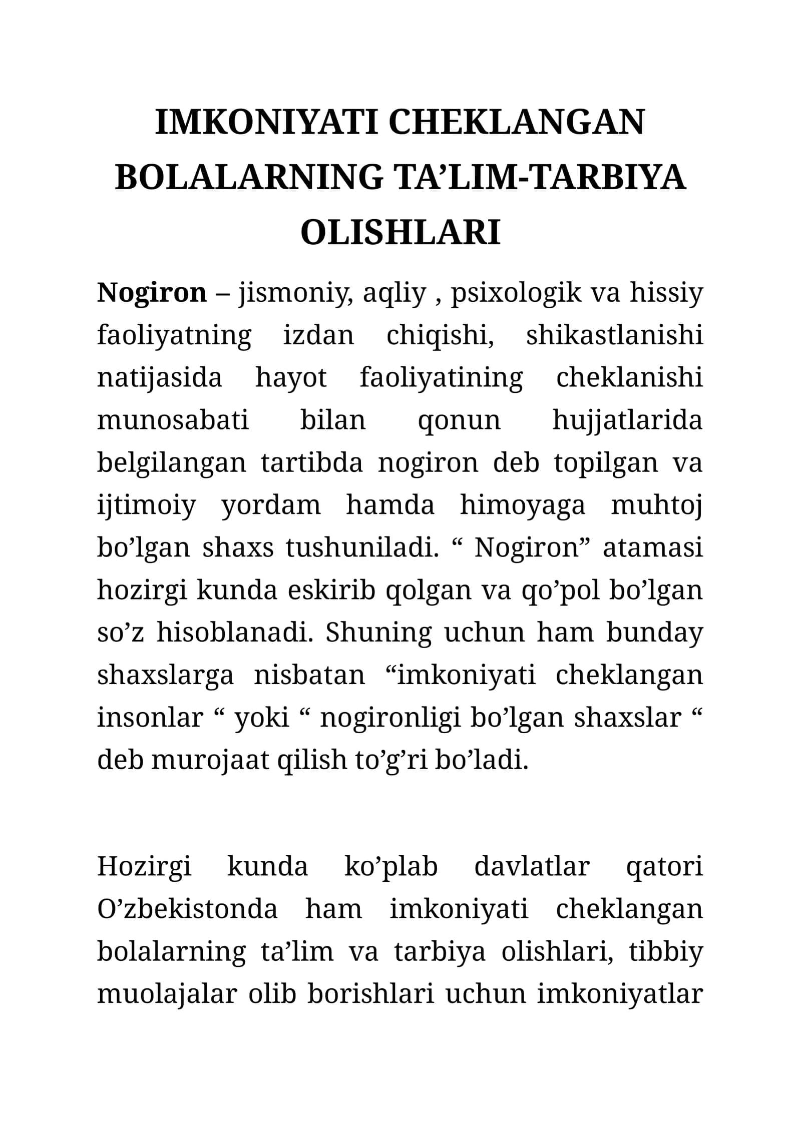 IMKONIYATI CHEKLANGAN BOLALARNING TA’LIM-TARBIYA OLISHLARI