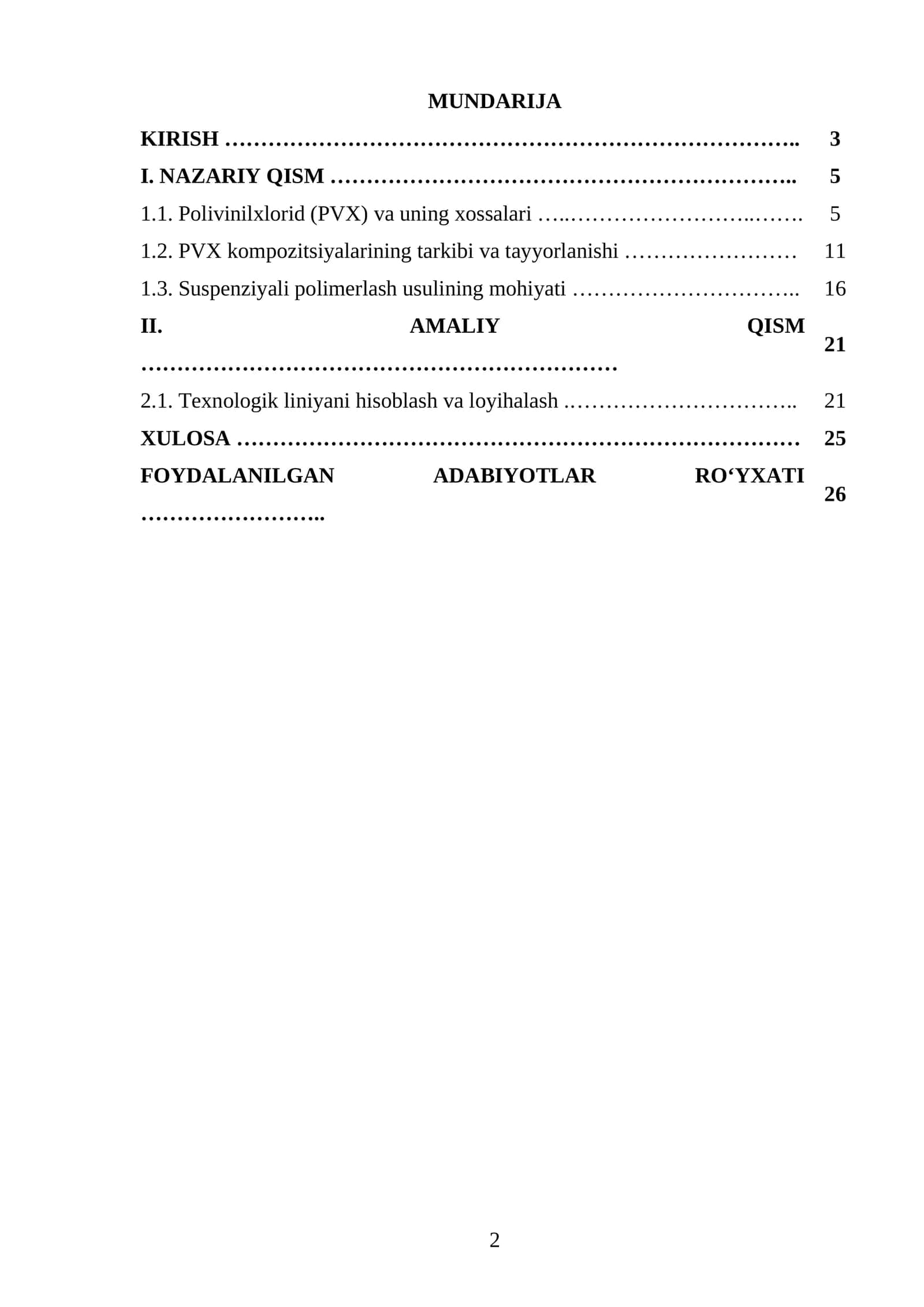 Quvvati Q=7000 t/yil boʻlgan suspenziyali PVX ishlab chiqaradigan texnologik liniyasini loyihalash
