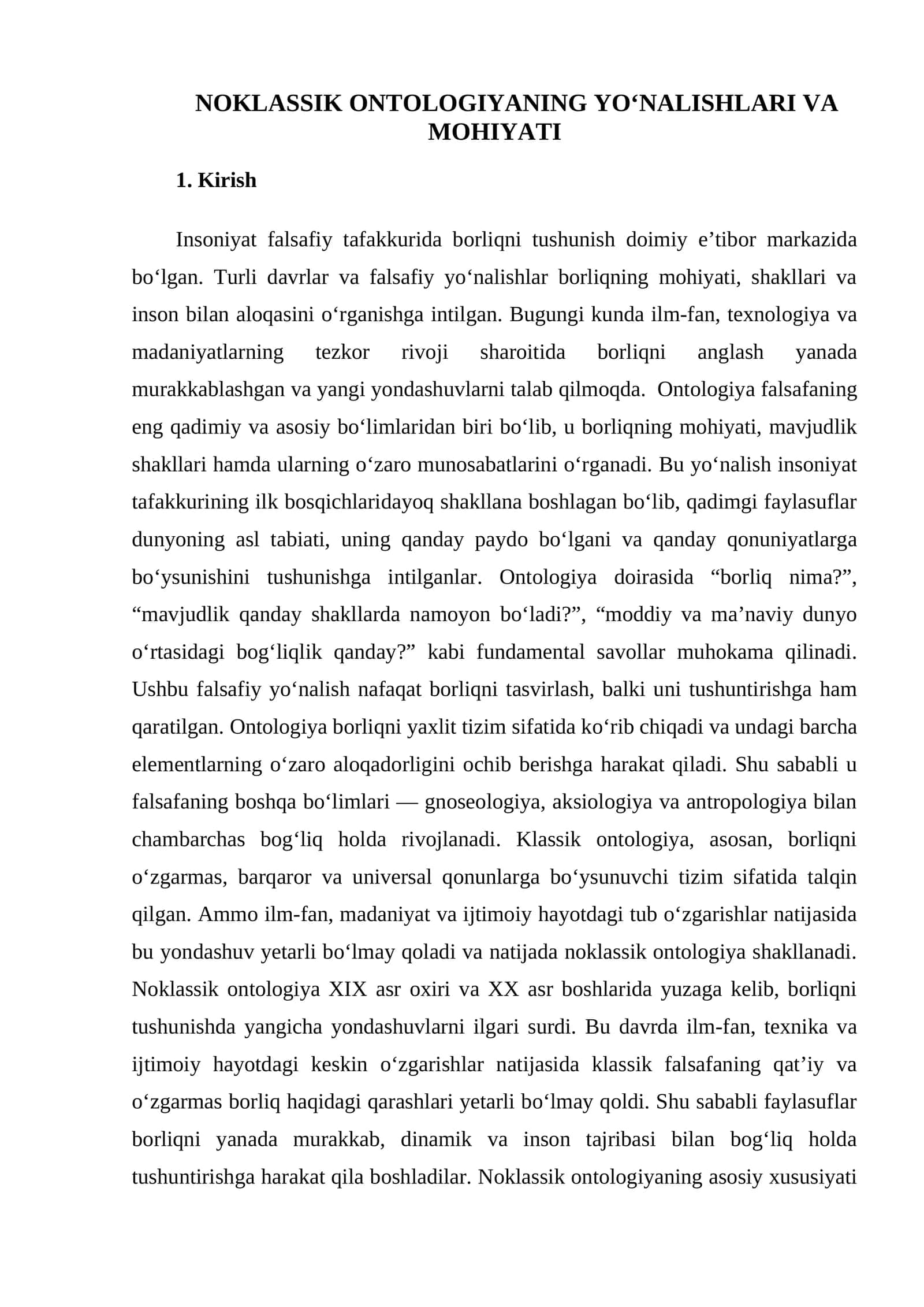 NOKLASSIK ONTOLOGIYANING YO‘NALISHLARI VA MOHIYATI