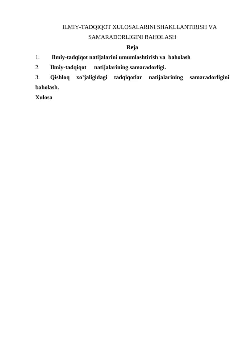 ILMIY-TADQIQOT XULOSALARINI SHAKLLANTIRISH VA SAMARADORLIGINI BAHOLASH
