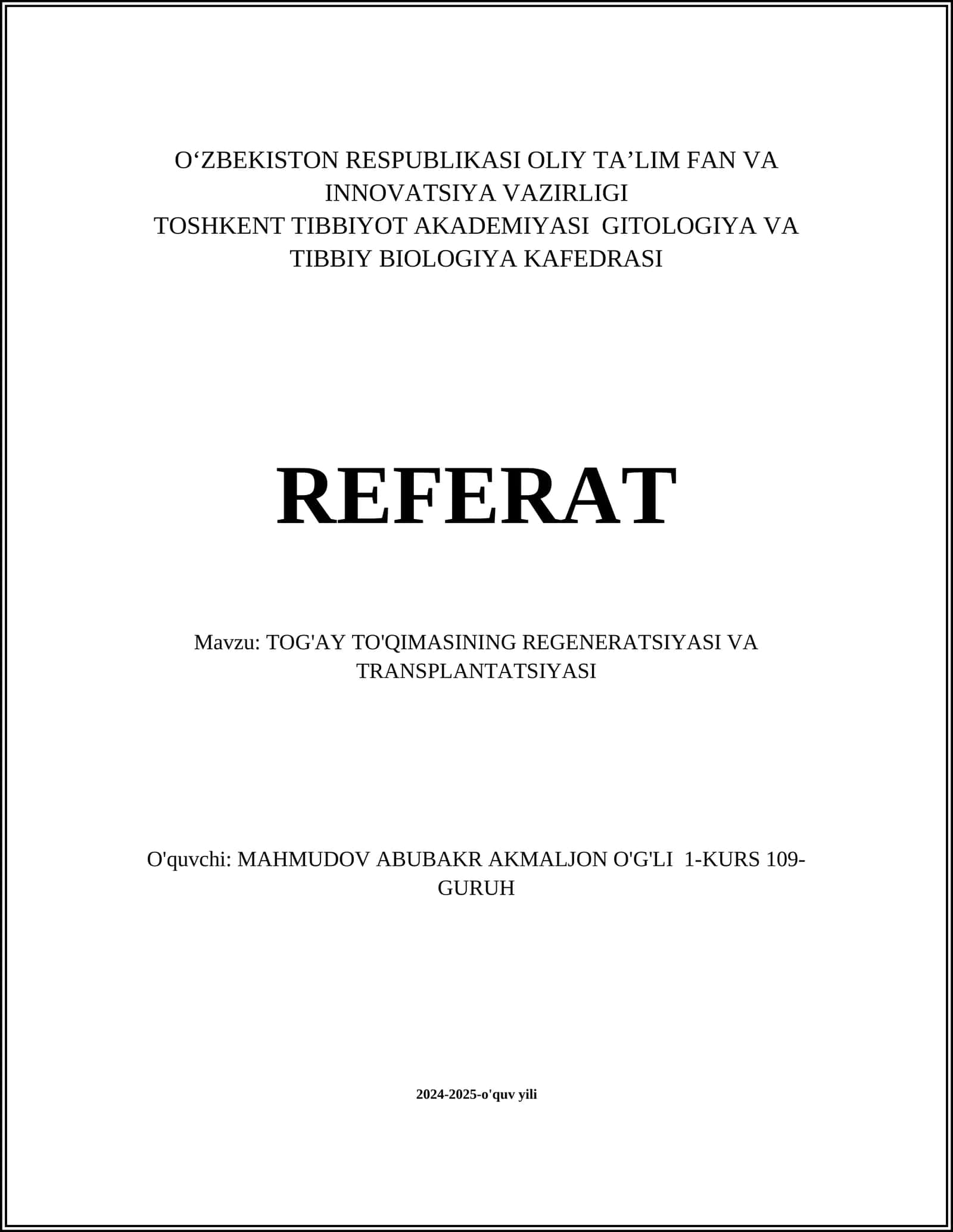 TOG'AY TO'QIMASINING REGENERATSIYASI VA TRANSPLANTATSIYASI