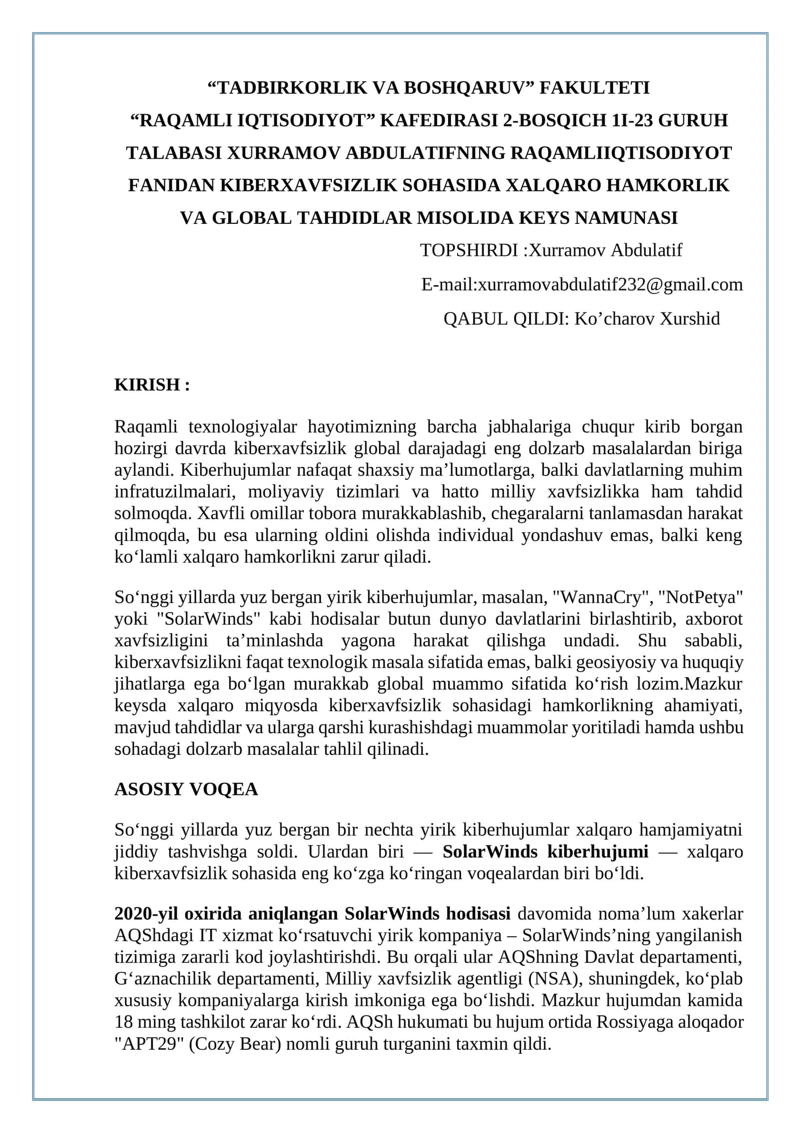 KIBERXAVFSIZLIK SOHASIDA XALQARO HAMKORLIK VA GLOBAL TAHDIDLAR MISOLIDA KEYS NAMUNASI