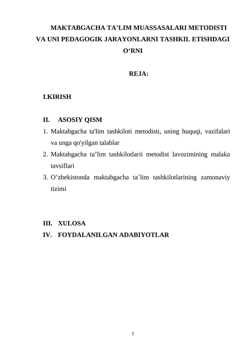 Maktabgacha taʼlim muassasalari metodisti va uni pedagogik jarayonlarni tashkil etishdagi oʻrni