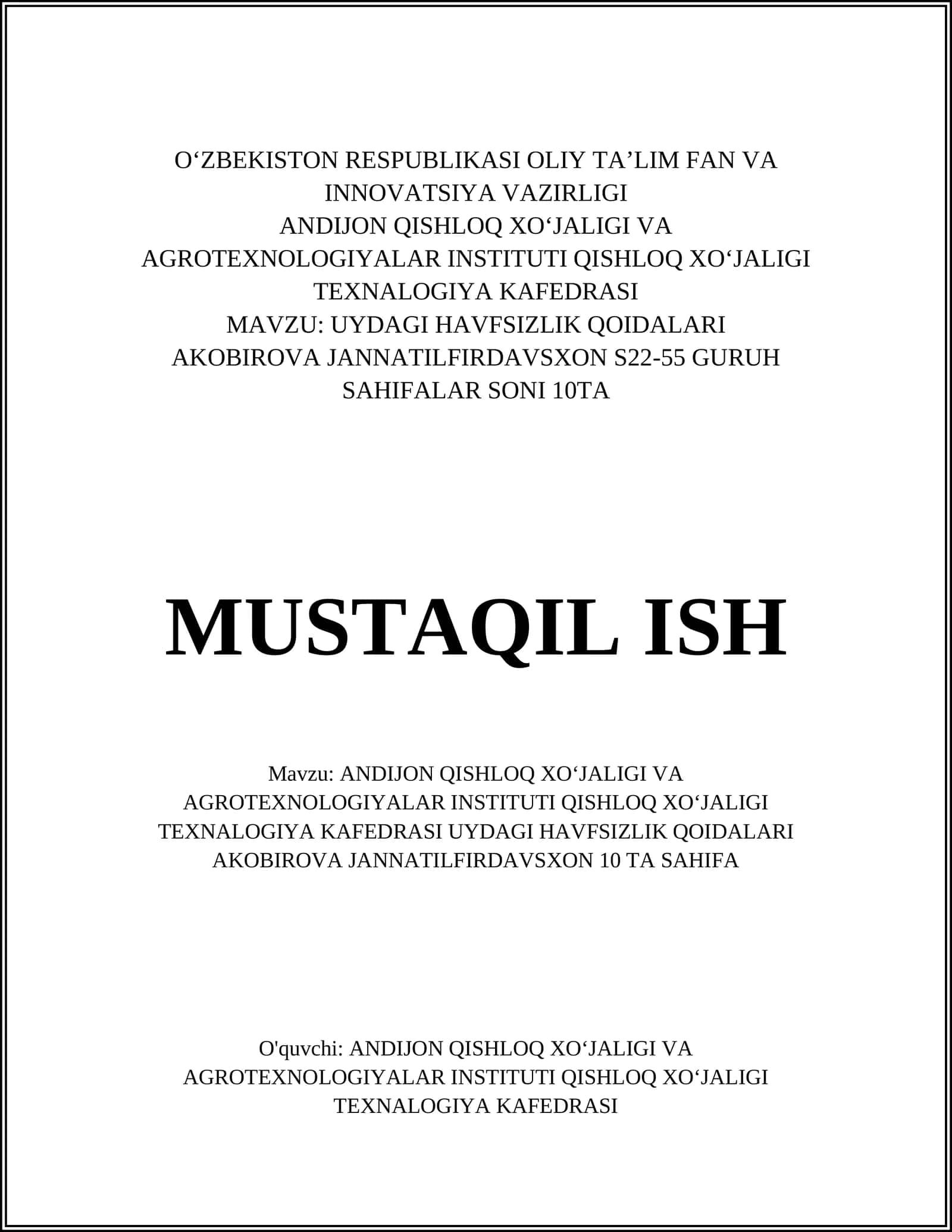 UYDAGI HAVFSIZLIK QOIDALARI