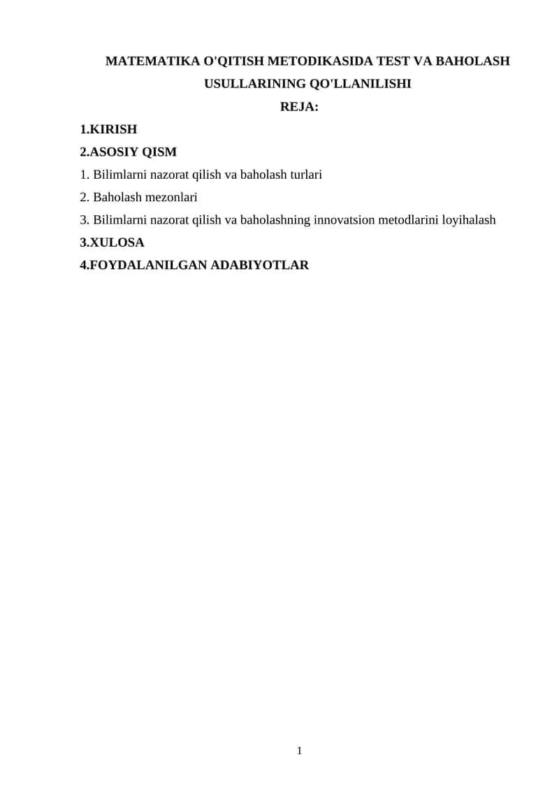 MATEMATIKA O'QITISH METODIKASIDA TEST VA BAHOLASH USULLARINING QO'LLANILISHI