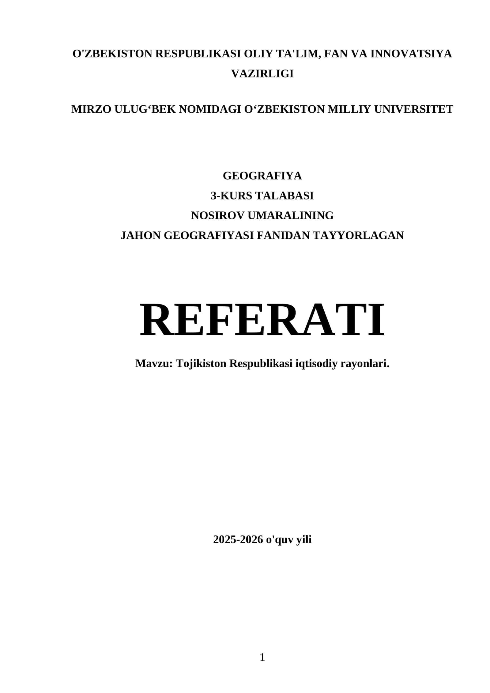 Tojikiston Respublikasi iqtisodiy rayonlari REFERATI