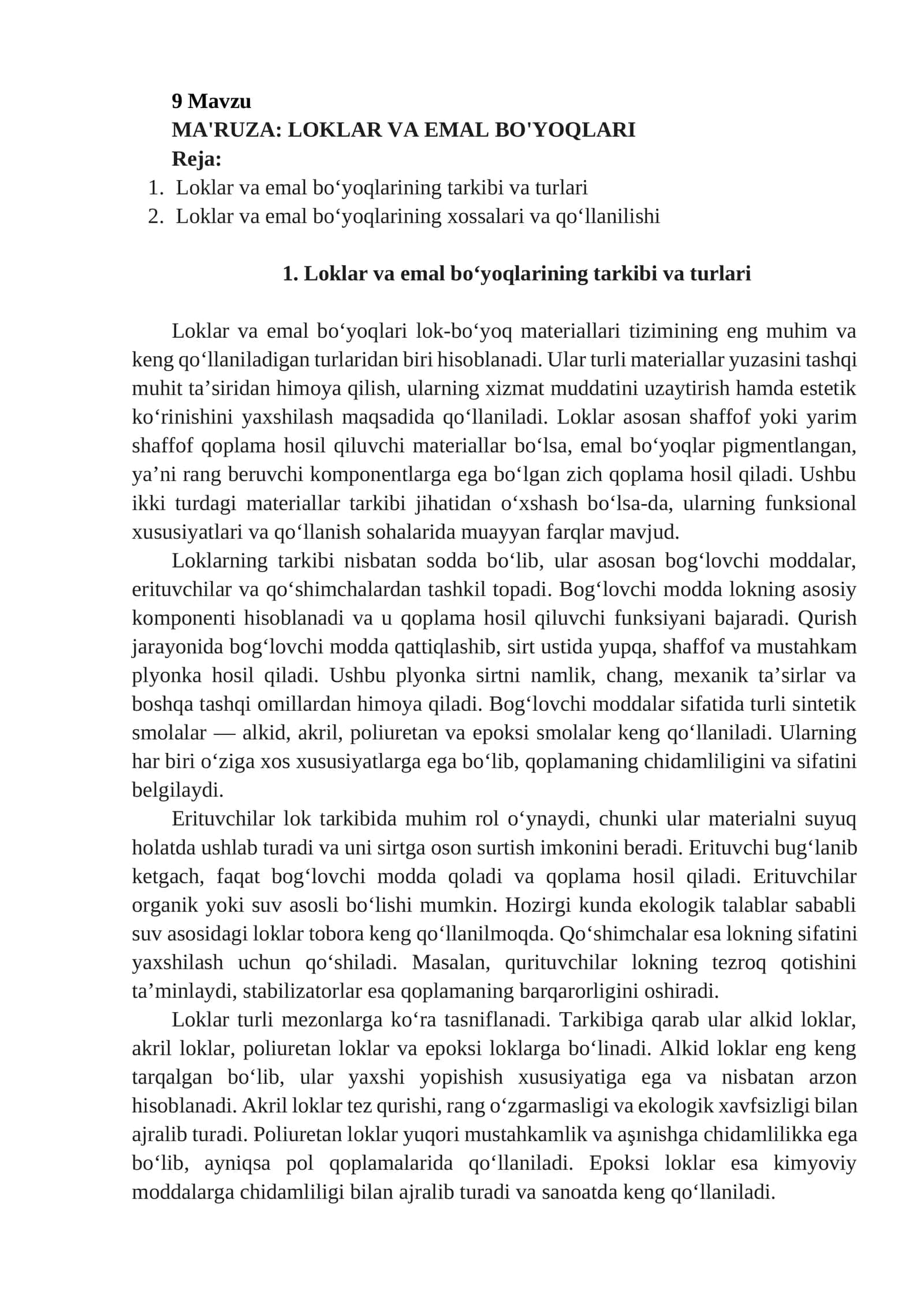 LOKLAR VA EMAL BO'YOQLARI
