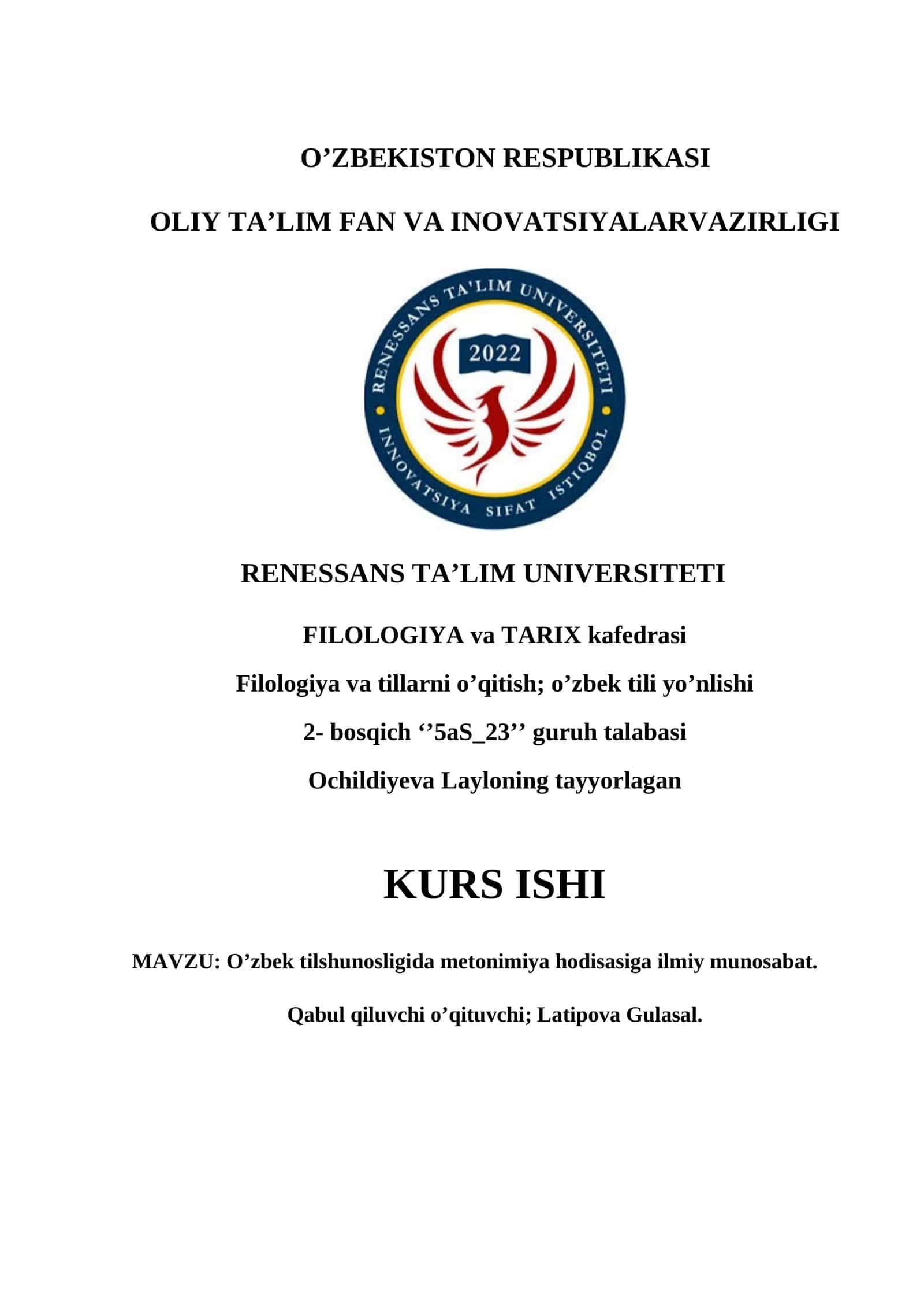 O’ZBEK TILSHUNOSLIGIDA METONIMIYA HODISASIGA ILMIY MUNOSABAT
