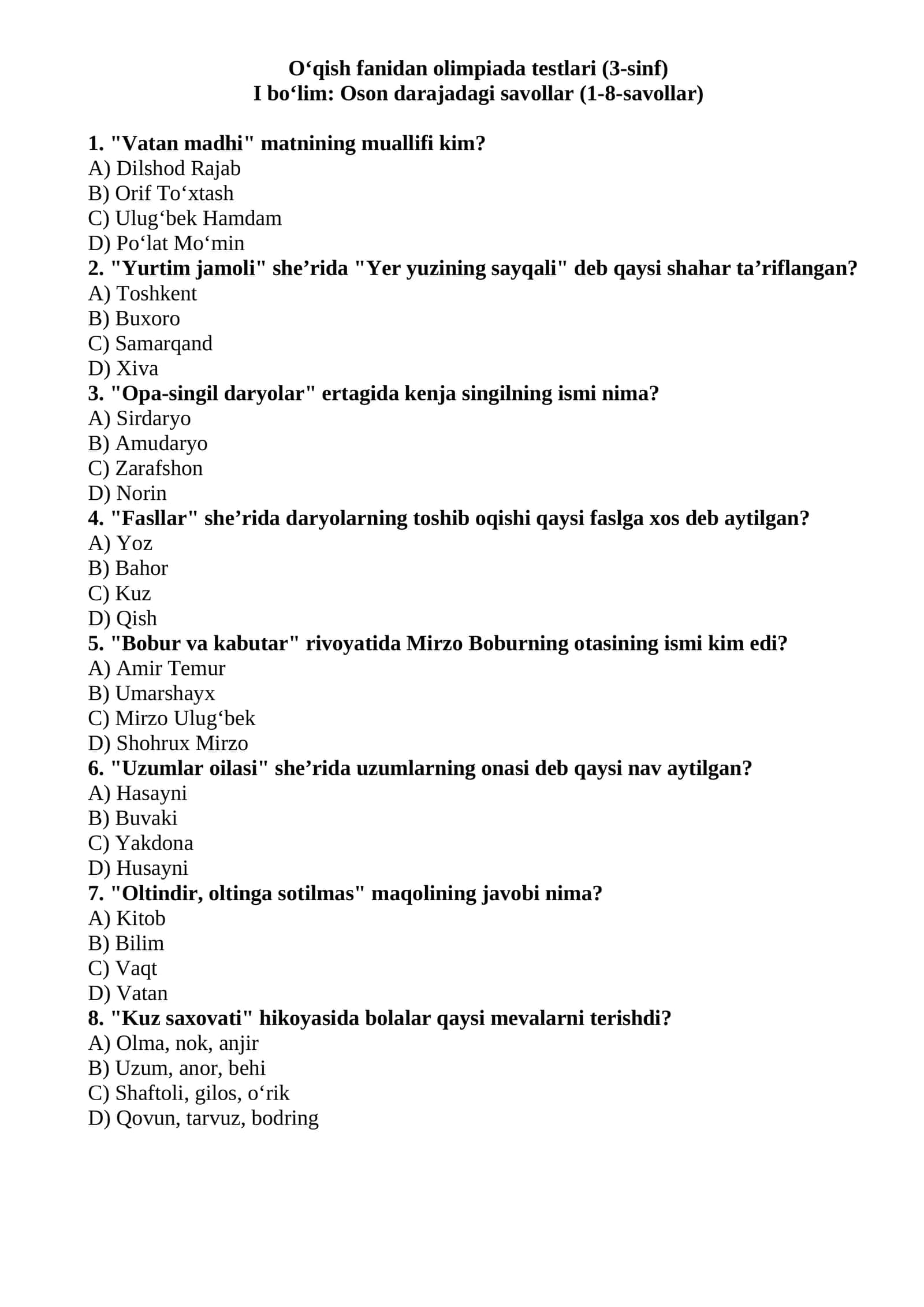 O‘qish fanidan olimpiada testlari (3-sinf)