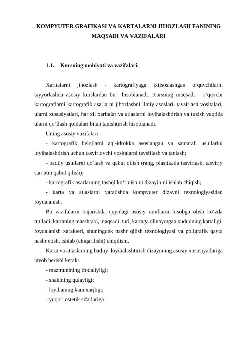 KOMPYUTER GRAFIKASI VA KARTALARNI JIHOZLASH FANINING MAQSADI VA VAZIFALARI