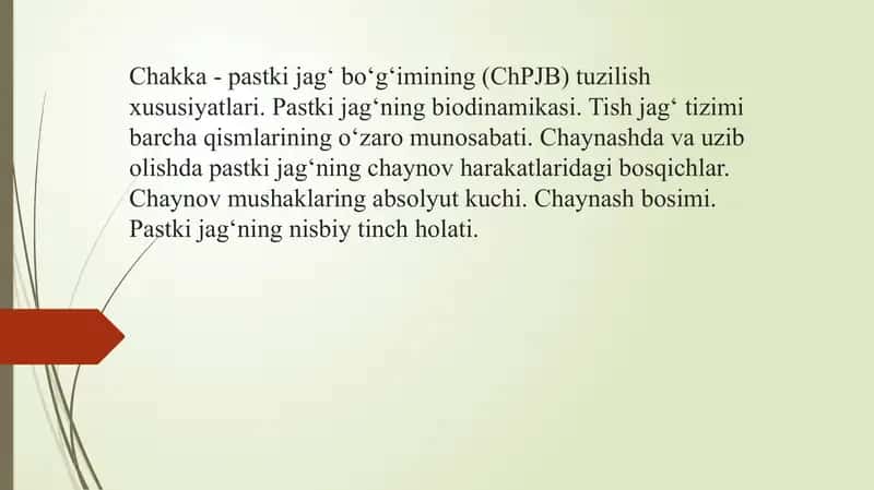 Chakka - pastki jag‘ bo‘g‘imining (ChPJB) tuzilish xususiyatlari. Pastki jag‘ning biodinamikasi. Tish jag‘ tizimi barcha qismlarining o‘zaro munosabati. Chaynashda va uzib olishda pastki jag‘ning chaynov harakatlaridagi bosqichlar. Chaynov mushaklaring absolyut kuchi. Chaynash bosimi. Pastki jag‘ning nisbiy tinch holati.