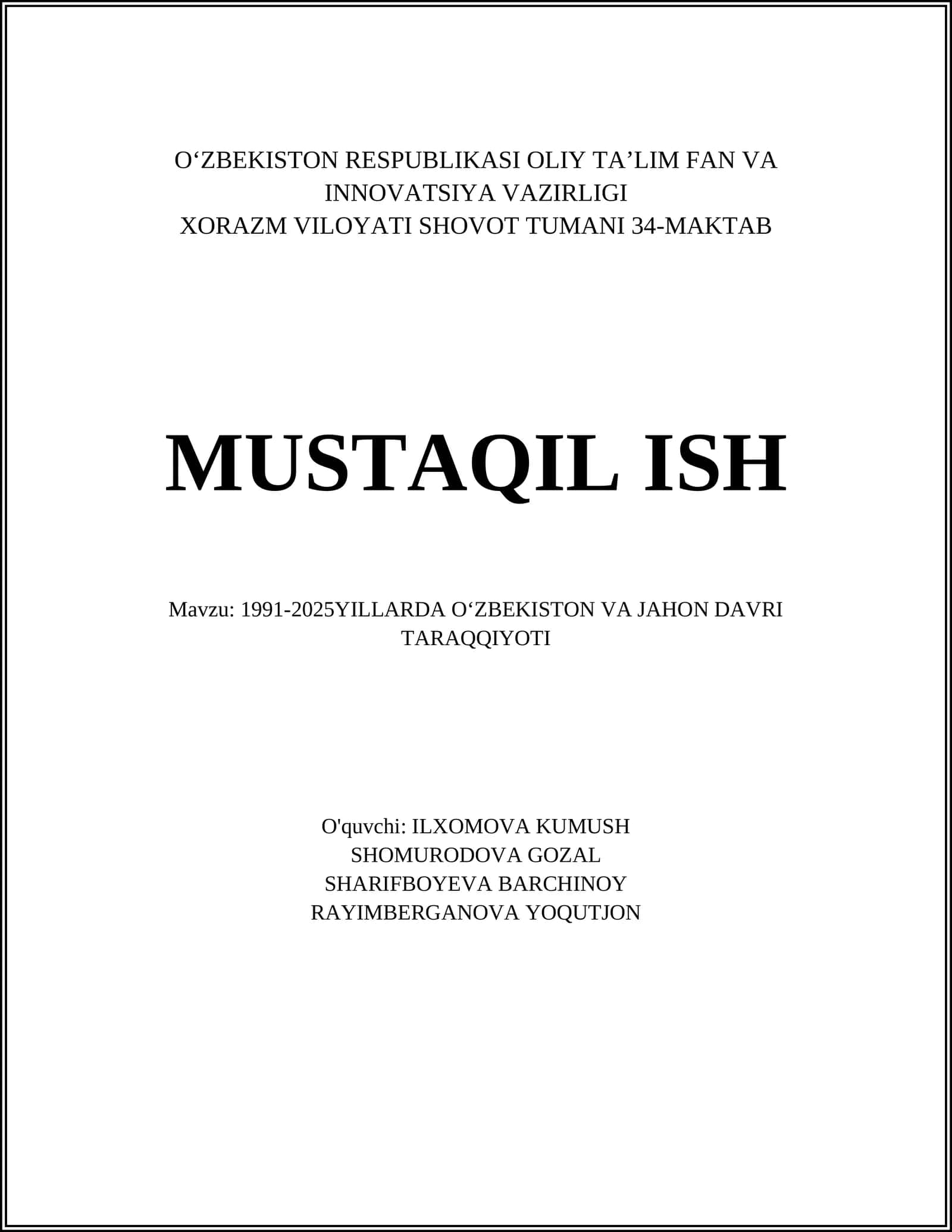 1991-2025 YILLARDA OʻZBEKISTON VA JAHON DAVRI TARAQQIYOTI