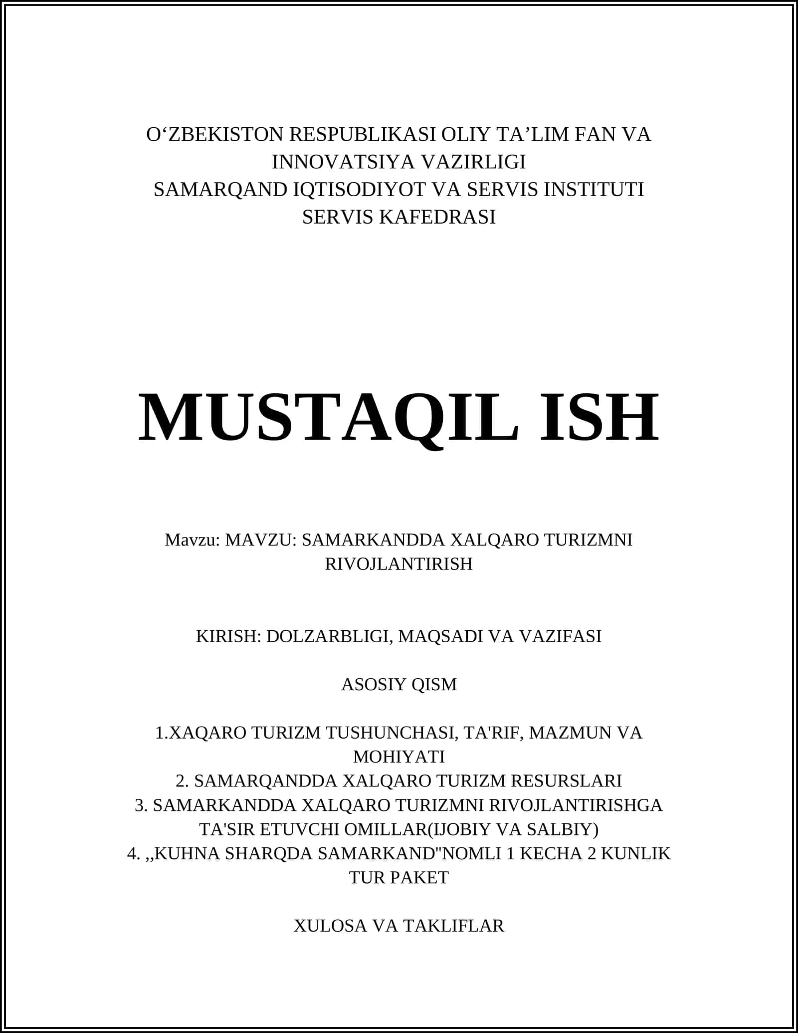 SAMARKANDDA XALQARO TURIZMNI RIVOJLANTIRISH