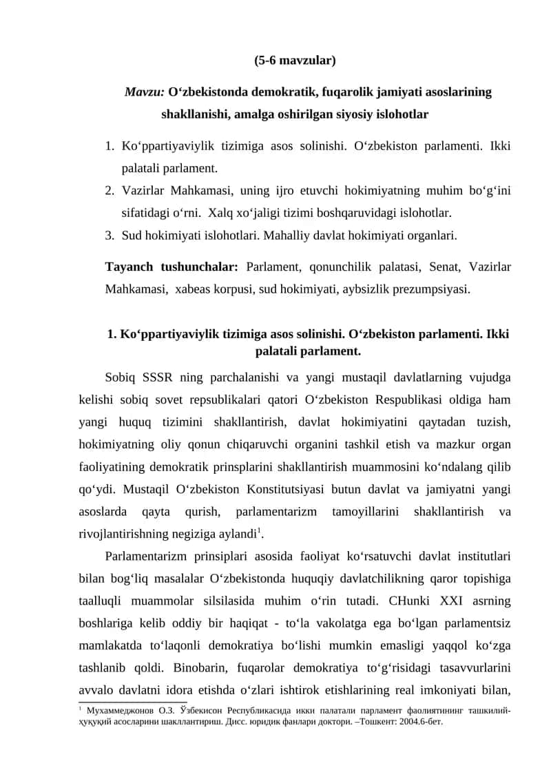 O‘zbekistonda demokratik, fuqarolik jamiyati asoslarining shakllanishi, amalga oshirilgan siyosiy islohotlar