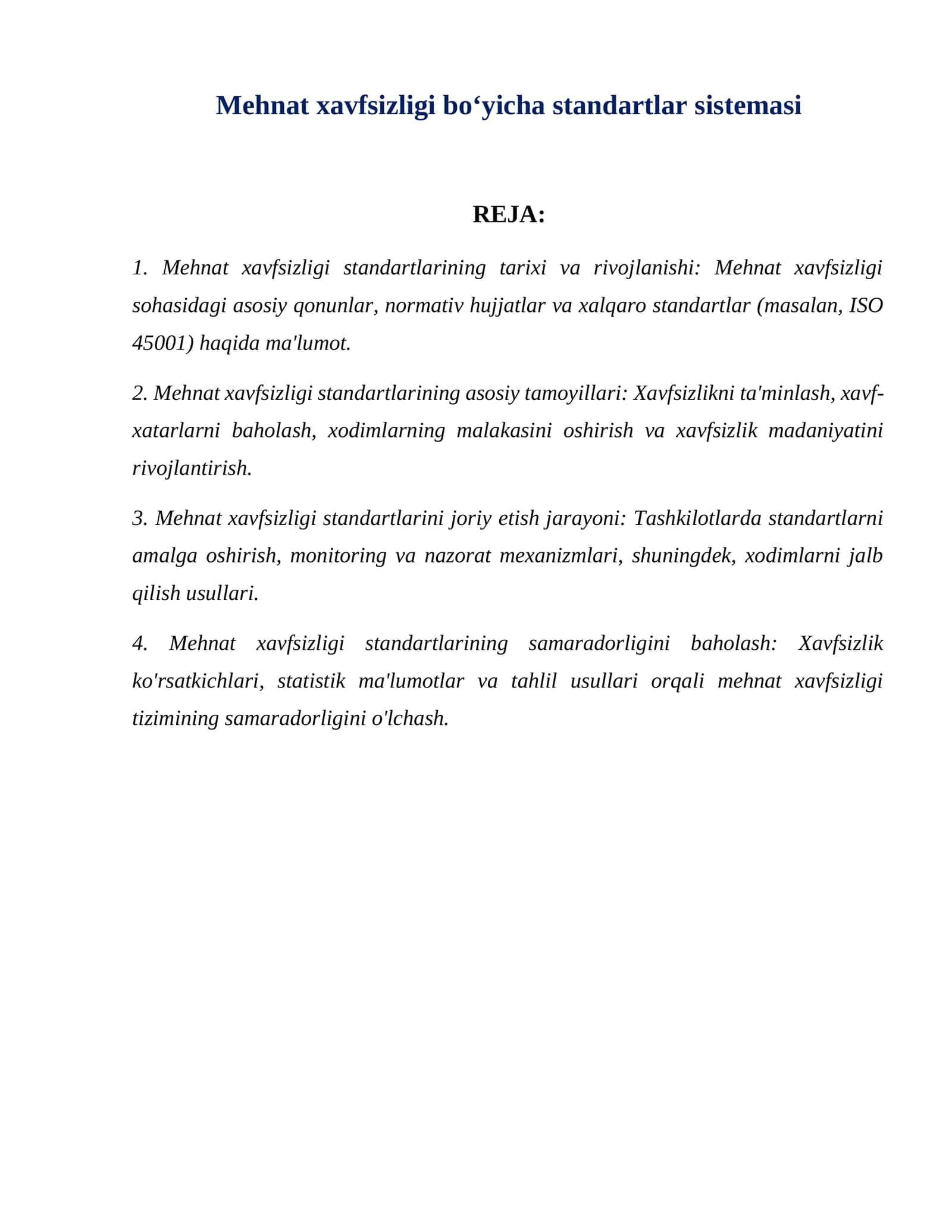 Mehnat xavfsizligi boʻyicha standartlar sistemasi
