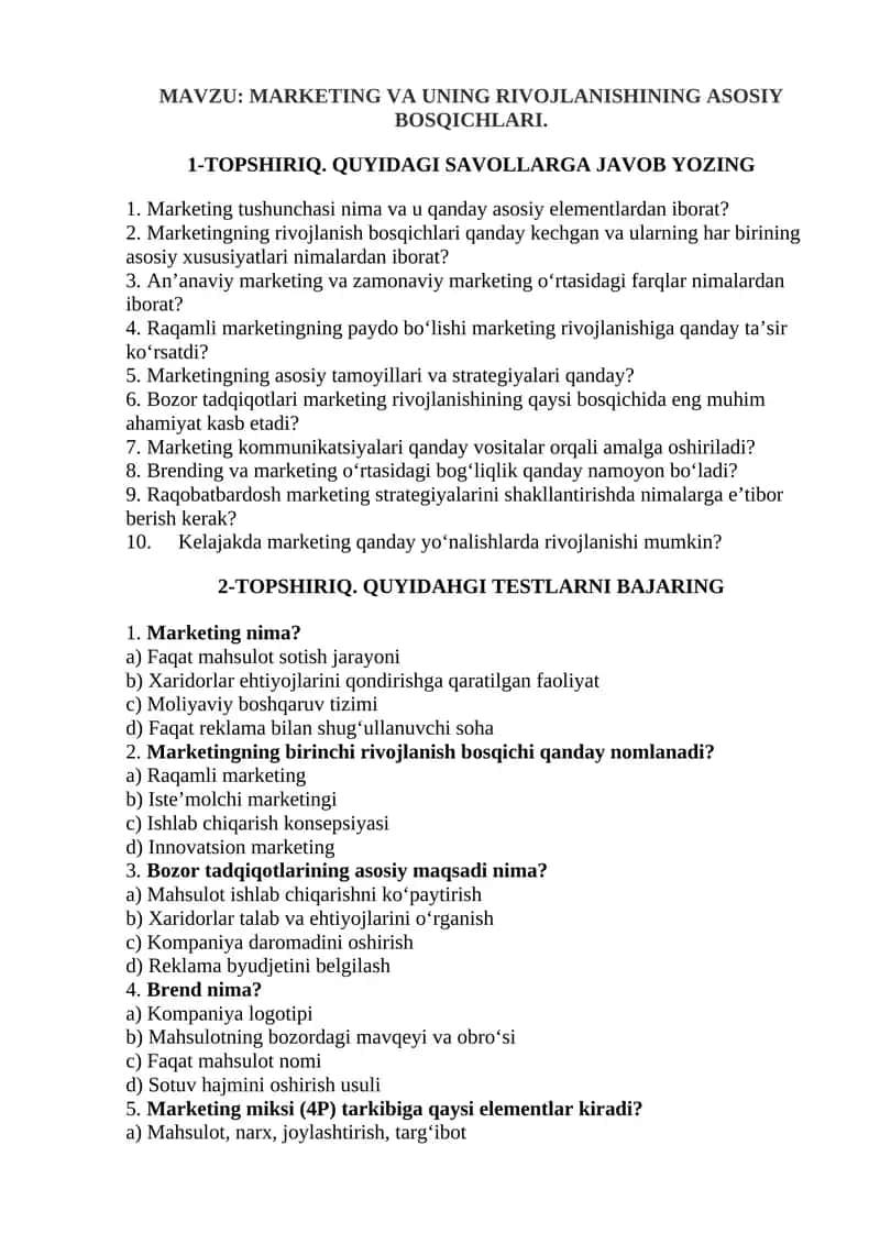 MARKETING VA UNING RIVOJLANISHINING ASOSIY BOSQICHLARI