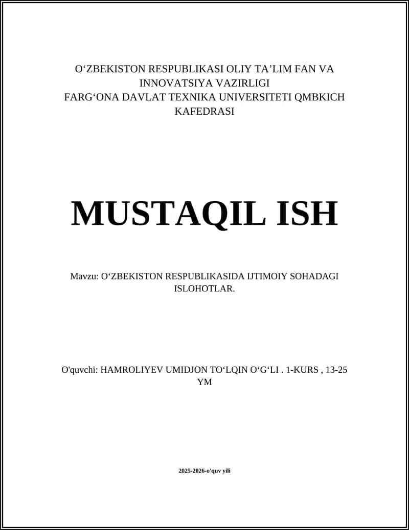O‘ZBEKISTON RESPUBLIKASIDA IJTIMOIY SOHADAGI ISLOHOTLAR
