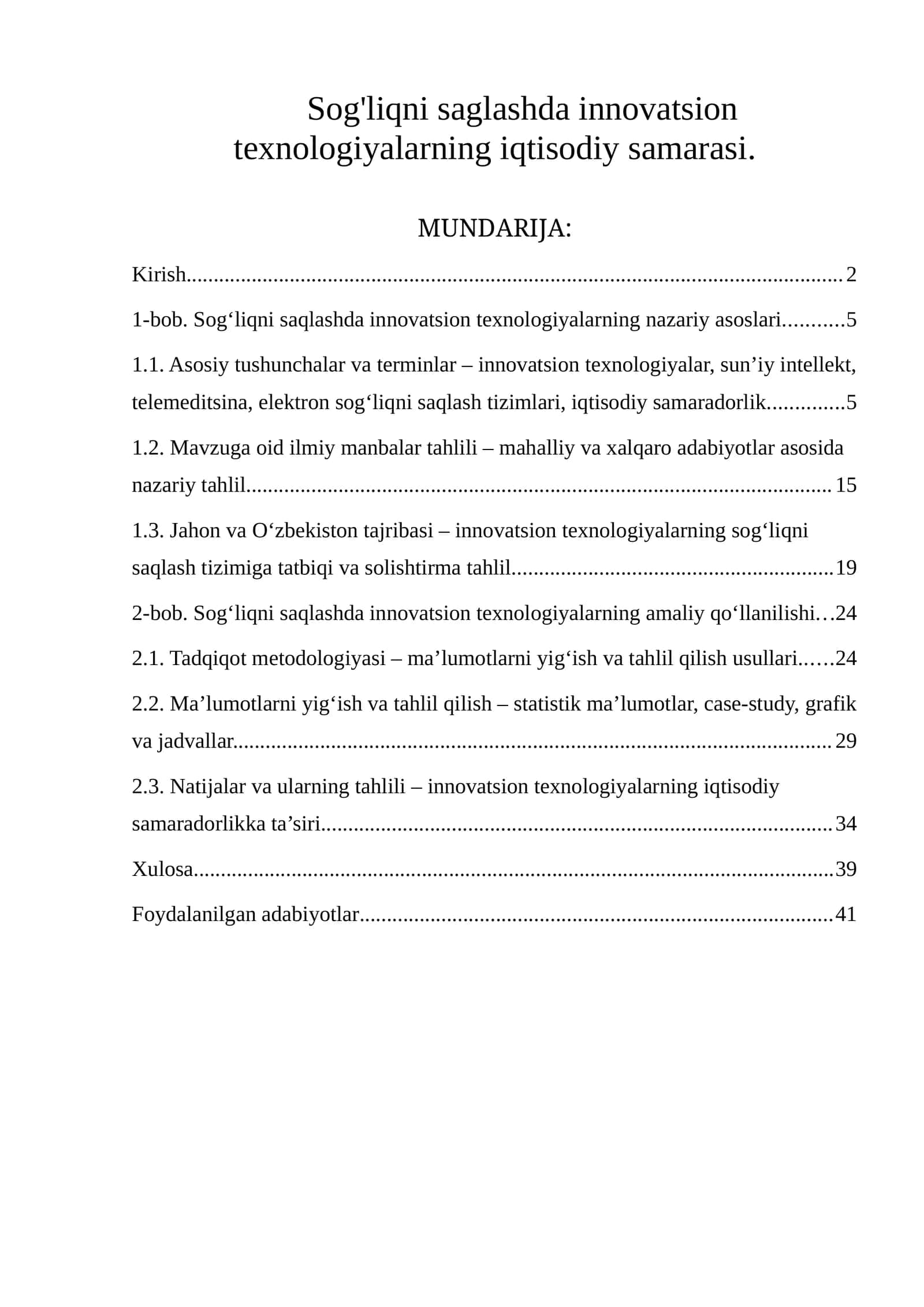 Sog'liqni saglashda innovatsion texnologiyalarning iqtisodiy samarasi