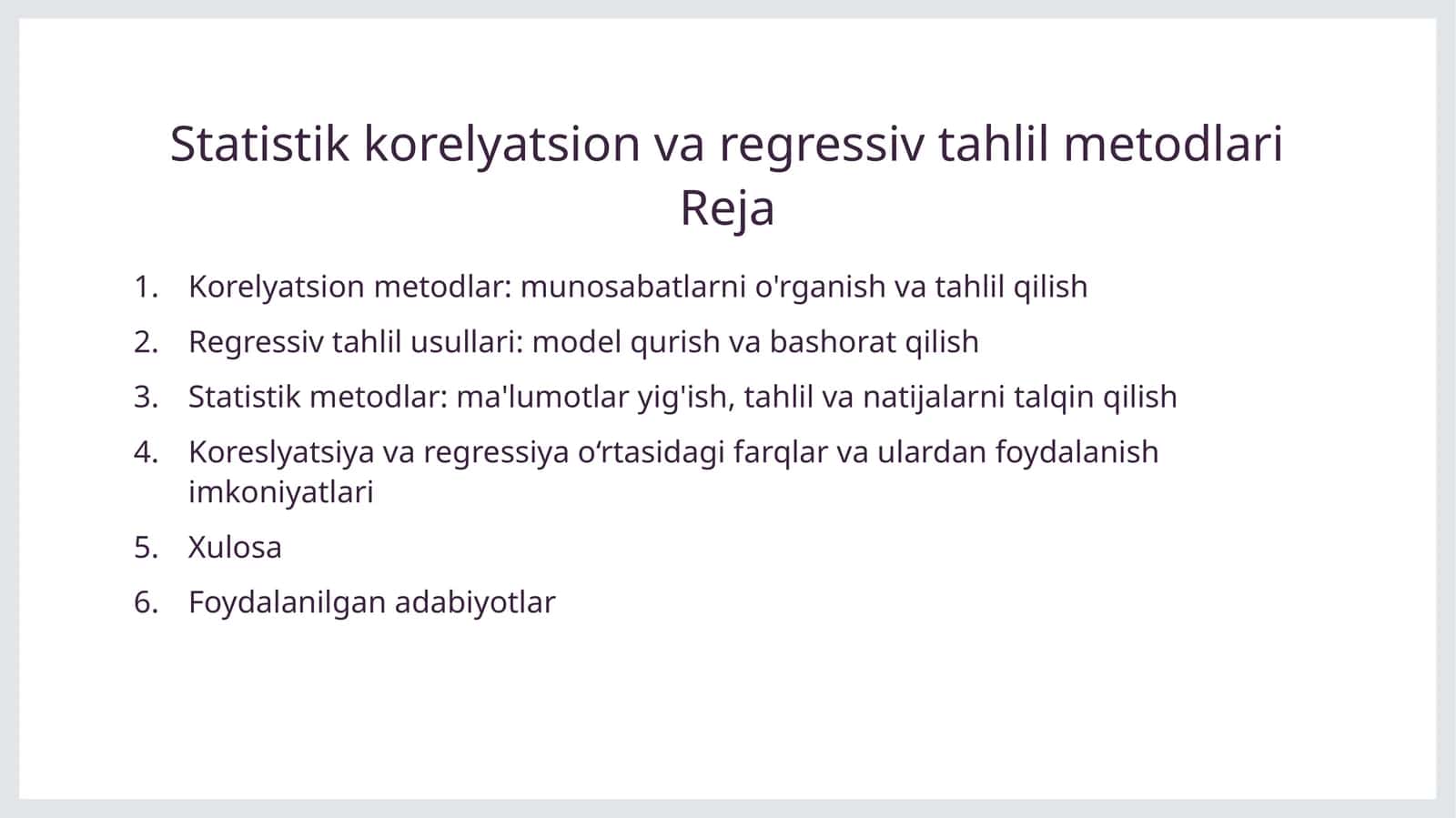 Statistik korelyatsion va regressiv tahlil metodlari