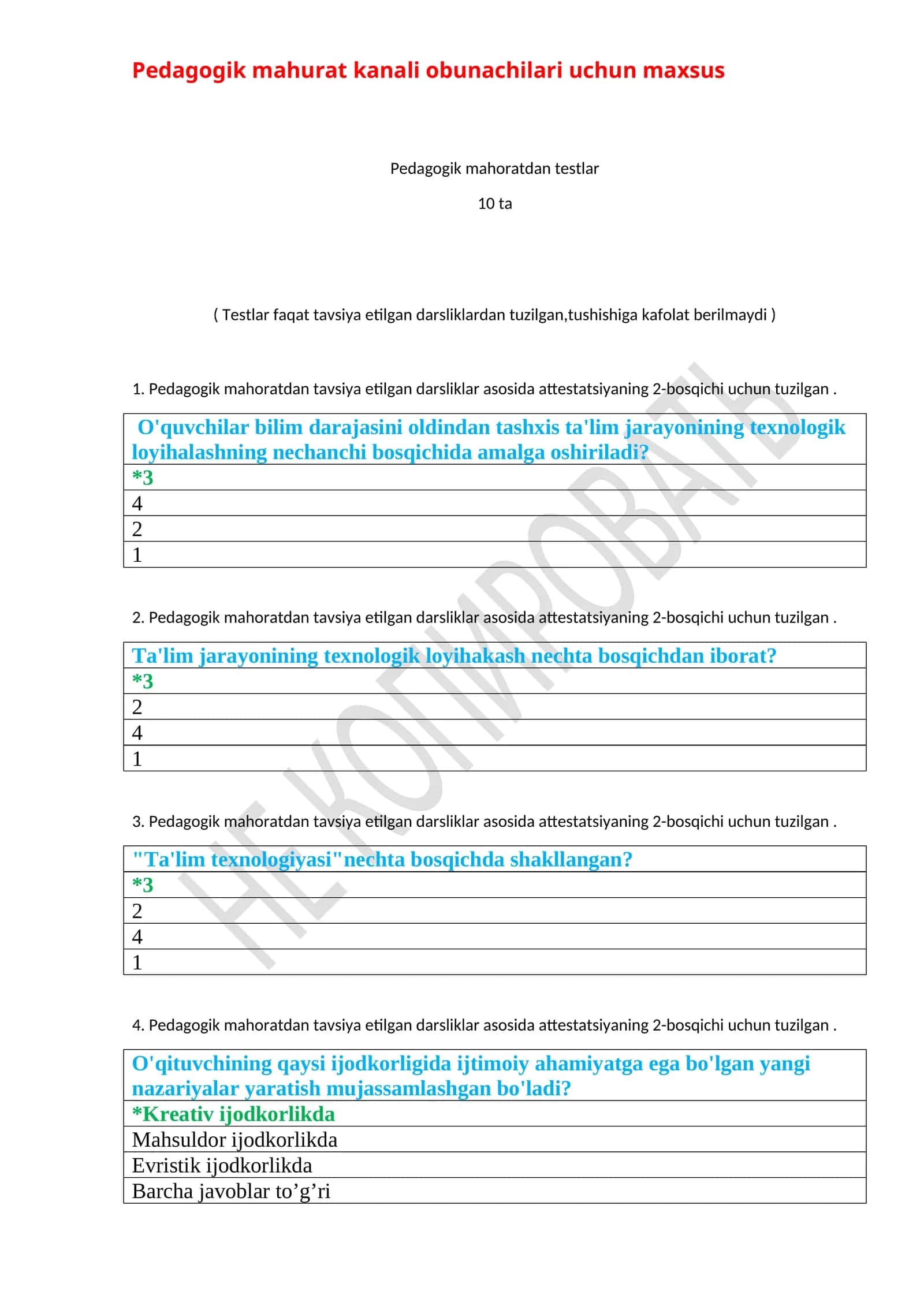 Pedagogik mahuratdan testlar