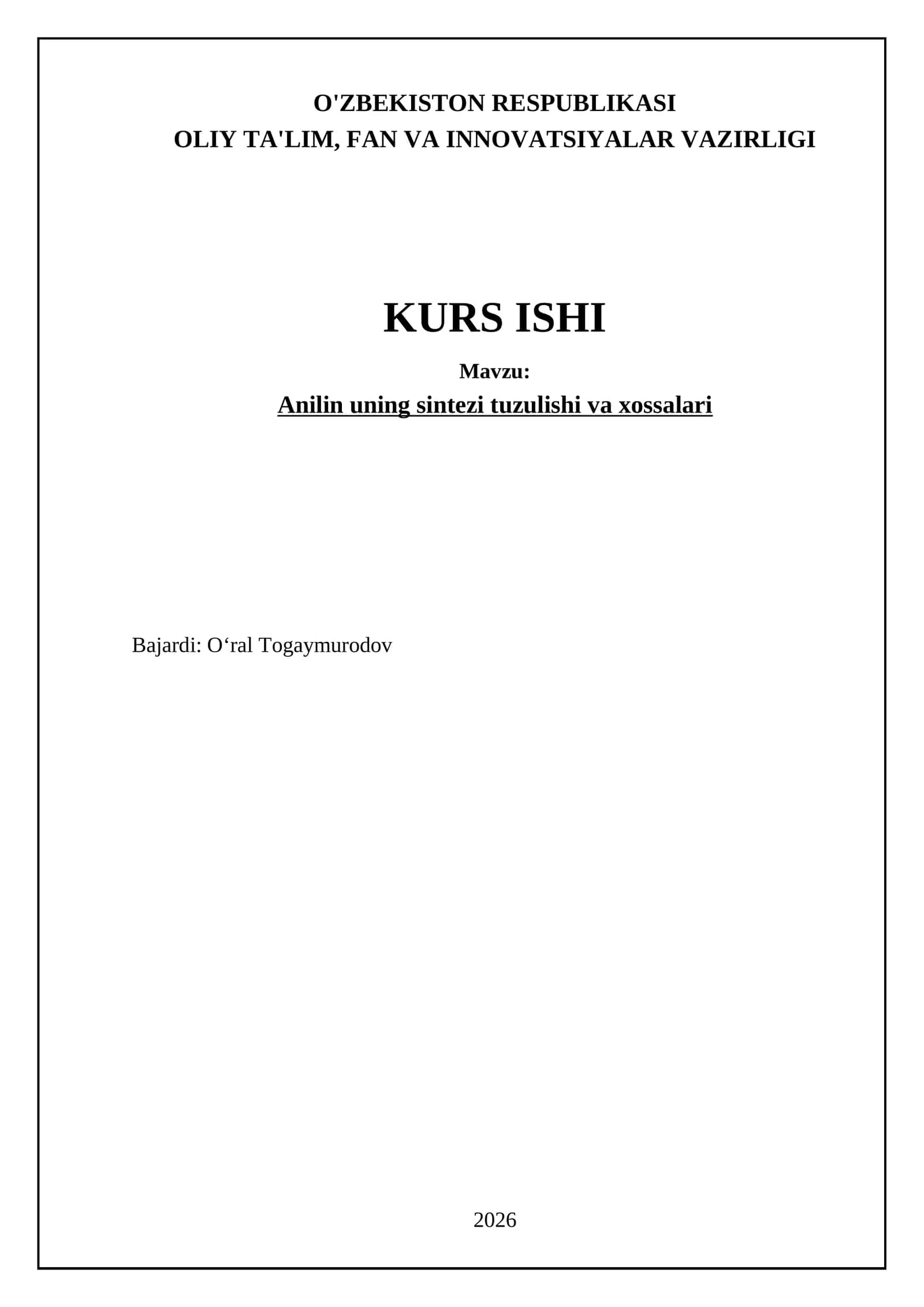 Anilin uning sintezi tuzulishi va xossalari