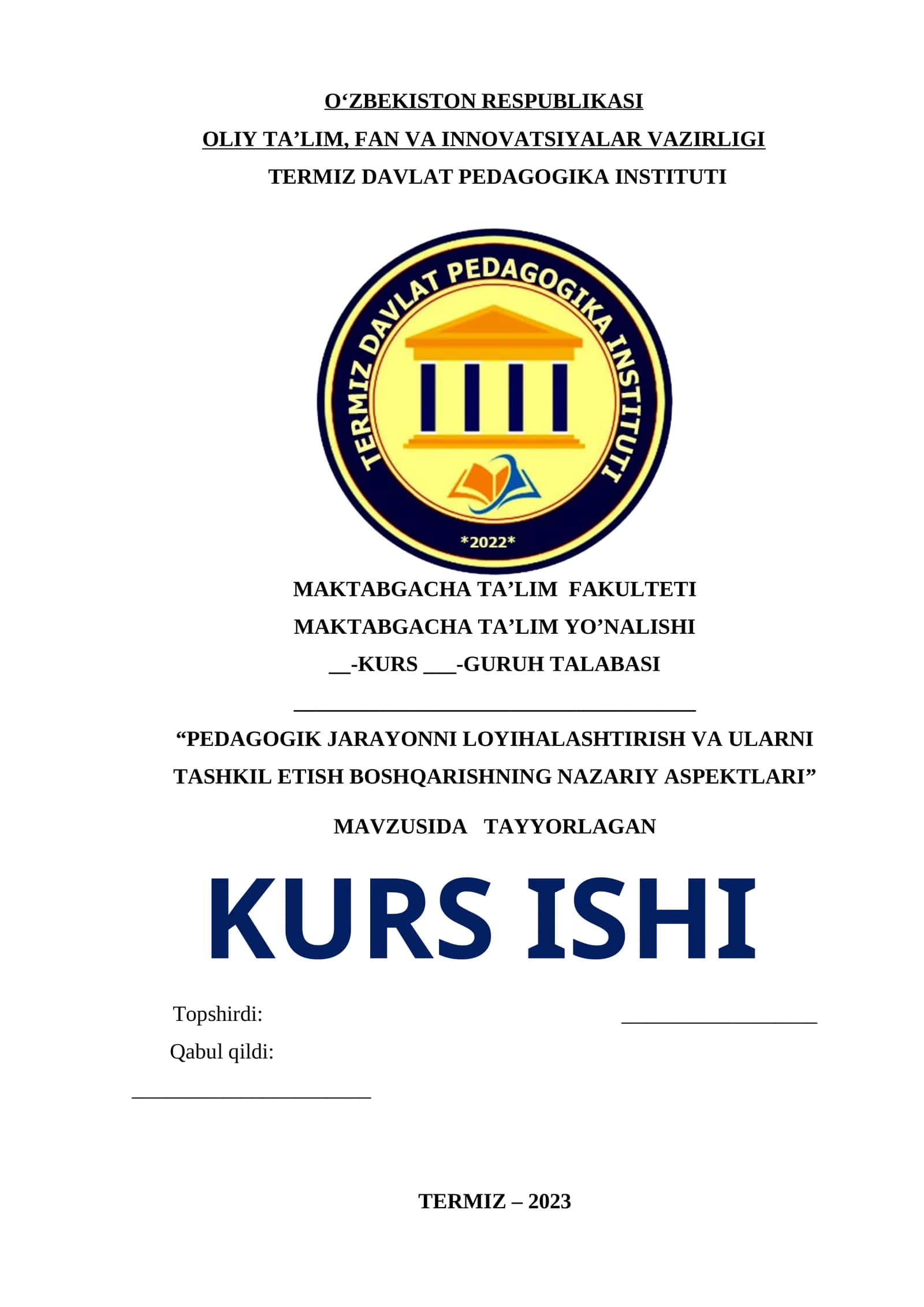 "PEDAGOGIK JARAYONNI LOYIHALASHTIRISH VA ULARNI TASHKIL ETISH BOSHQARISHNING NAZARIY ASPEKTLARI"