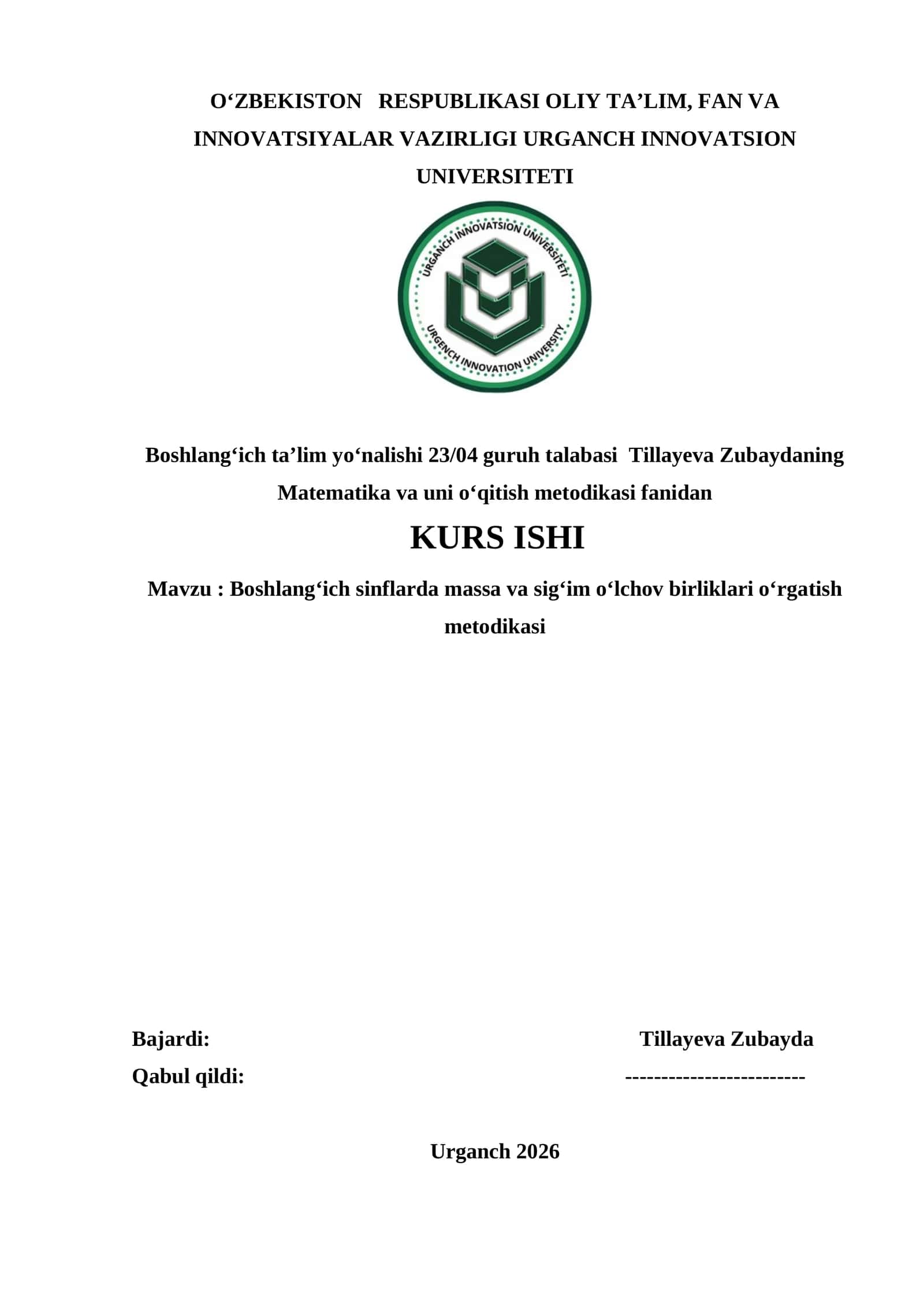 Boshlang‘ich sinflarda massa va sig‘im o‘lchov birliklari o‘rgatish metodikasi